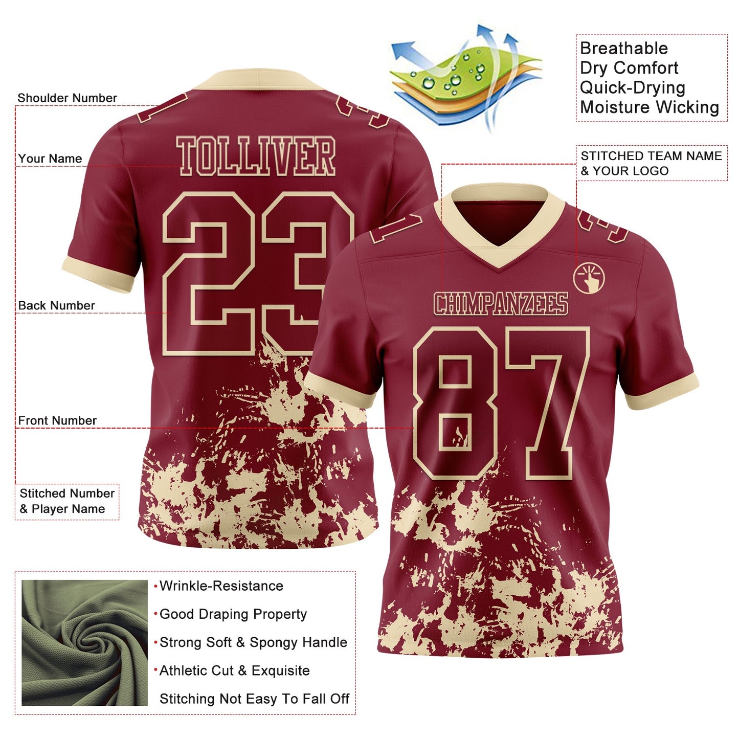 Custom Crimson Cream 3D Pattern Splash Authentic Football Jersey view 2