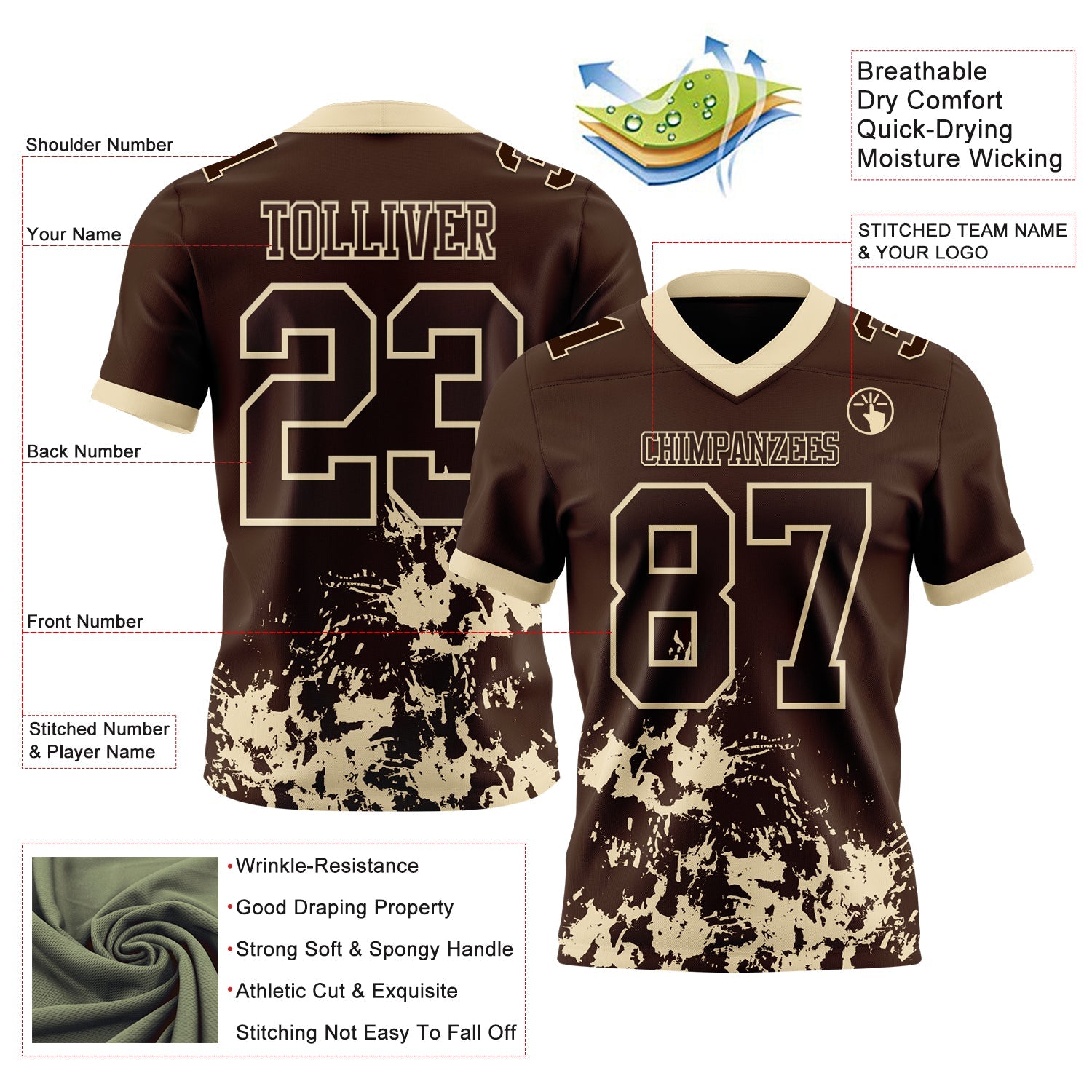 Custom Brown Cream 3D Pattern Splash Authentic Football Jersey view 2