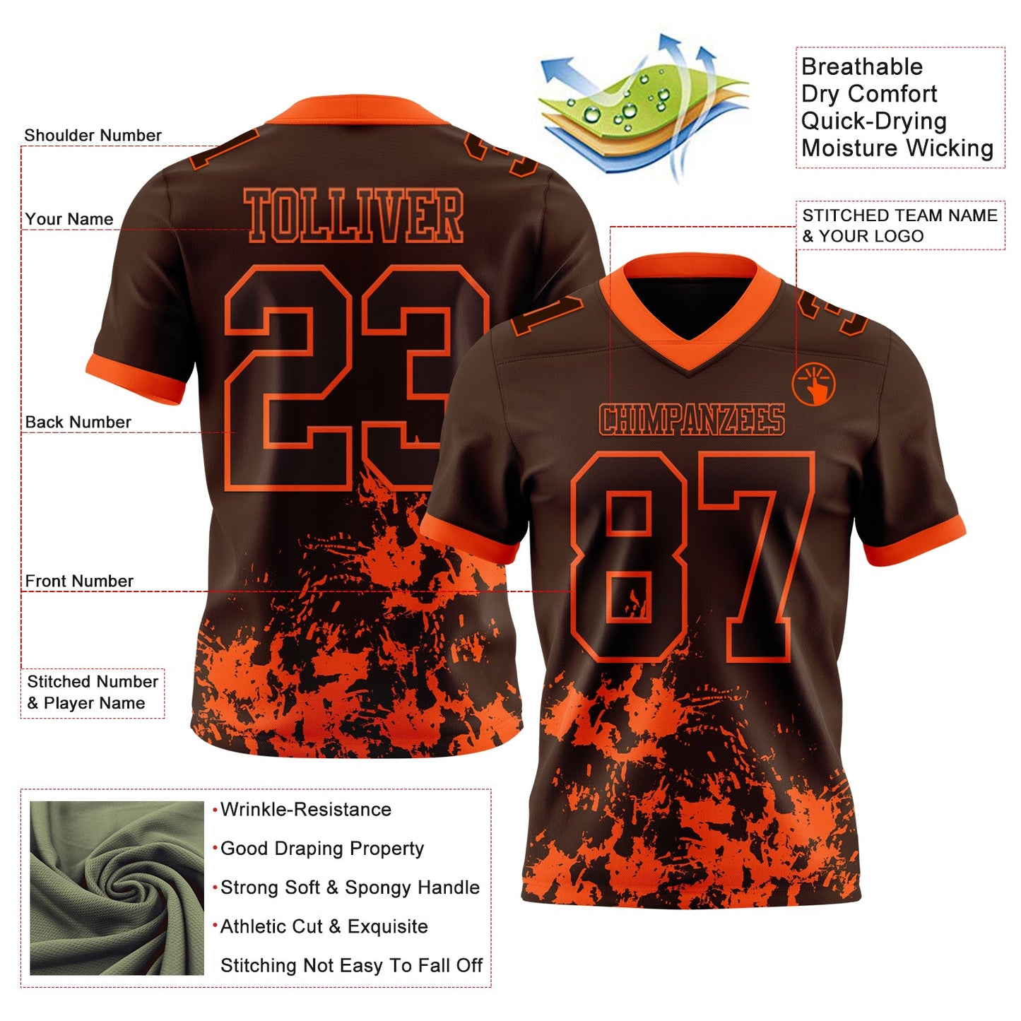 Custom Brown Orange 3D Pattern Splash Authentic Football Jersey view 2