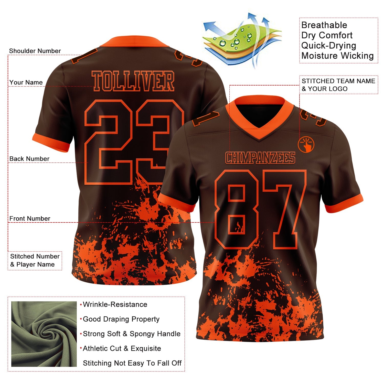 Custom Brown Orange 3D Pattern Splash Authentic Football Jersey view 2