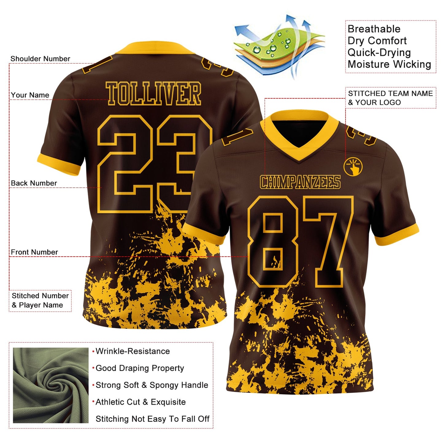 Custom Brown Gold 3D Pattern Splash Authentic Football Jersey view 2