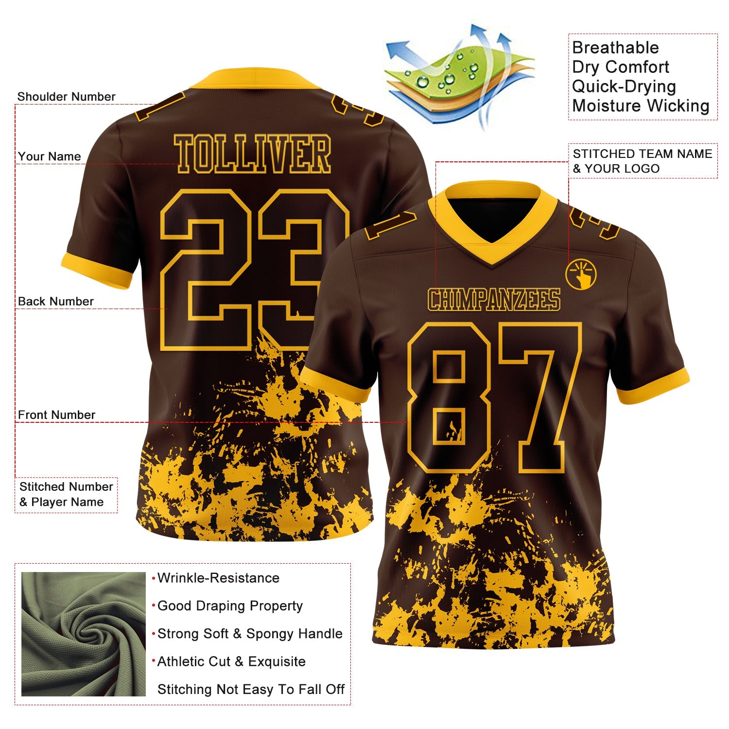 Custom Brown Gold 3D Pattern Splash Authentic Football Jersey view 2