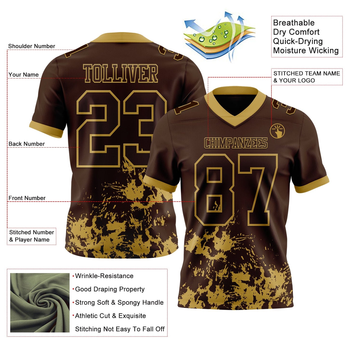 Custom Brown Old Gold 3D Pattern Splash Authentic Football Jersey view 2