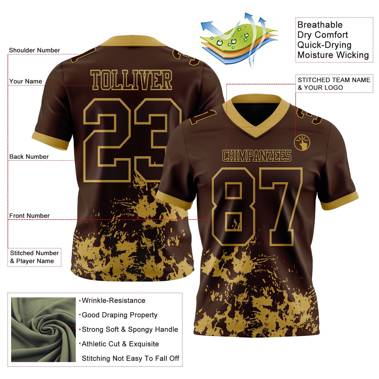 Custom Brown Old Gold 3D Pattern Splash Authentic Football Jersey view 2