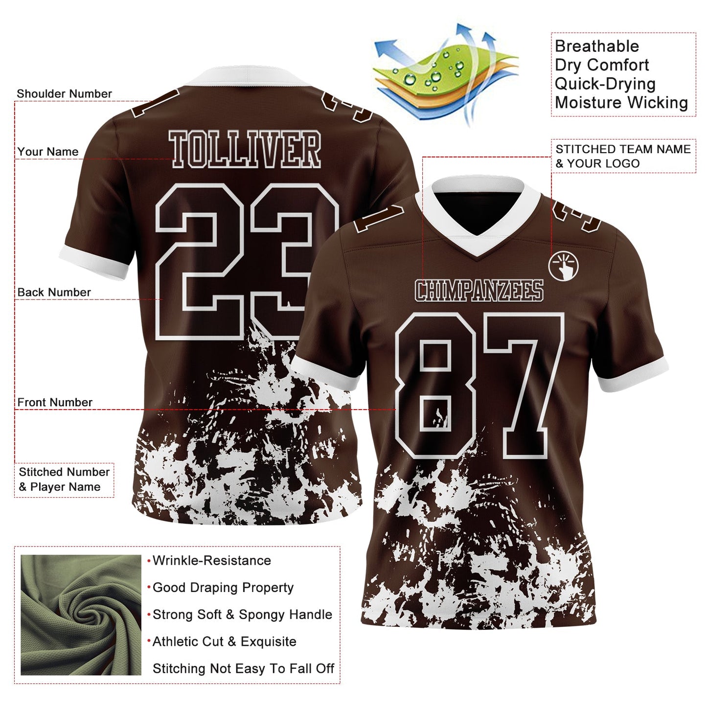 Custom Brown White 3D Pattern Splash Authentic Football Jersey view 2