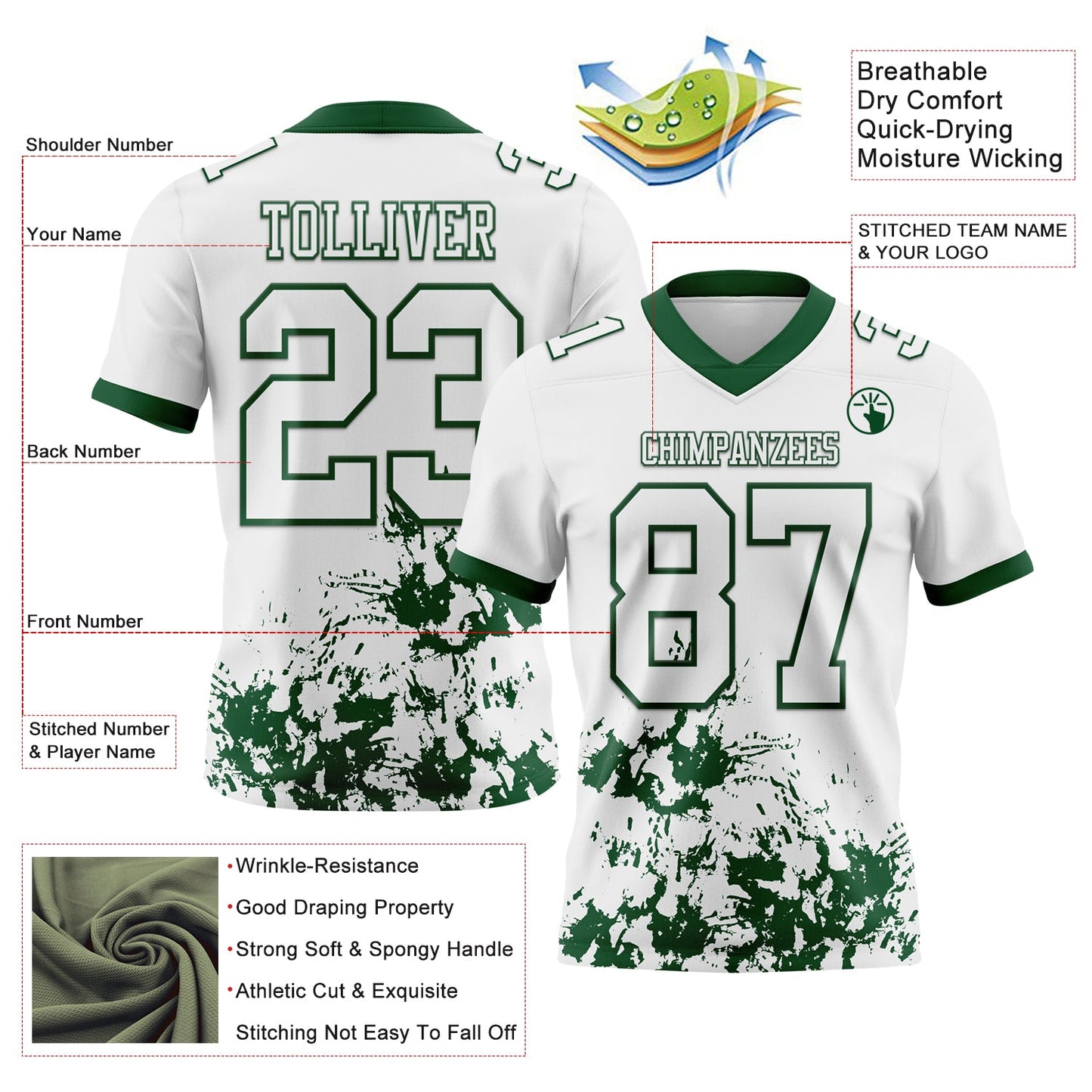 Custom White Green 3D Pattern Splash Authentic Football Jersey view 2