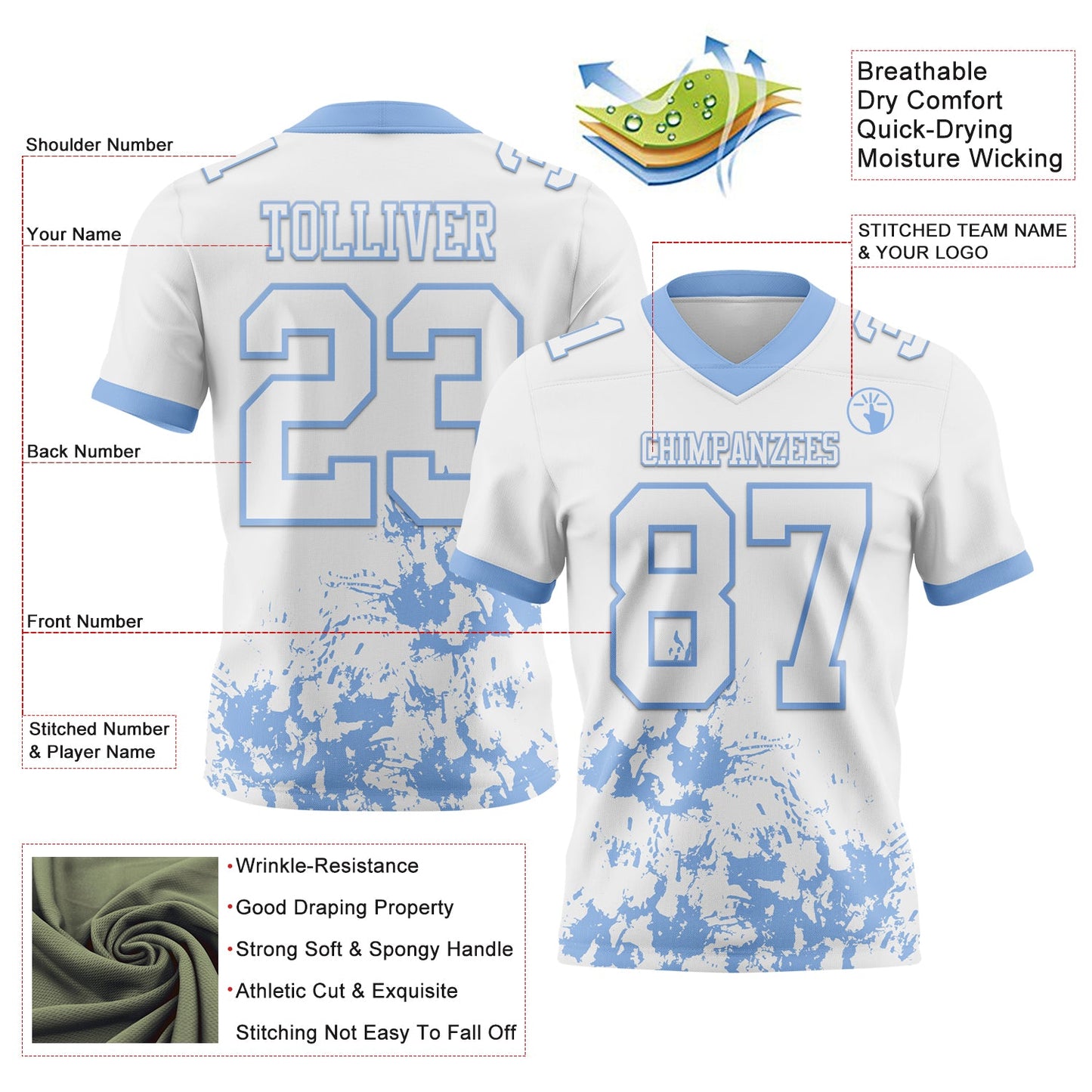 Custom White Light Blue 3D Pattern Splash Authentic Football Jersey view 2
