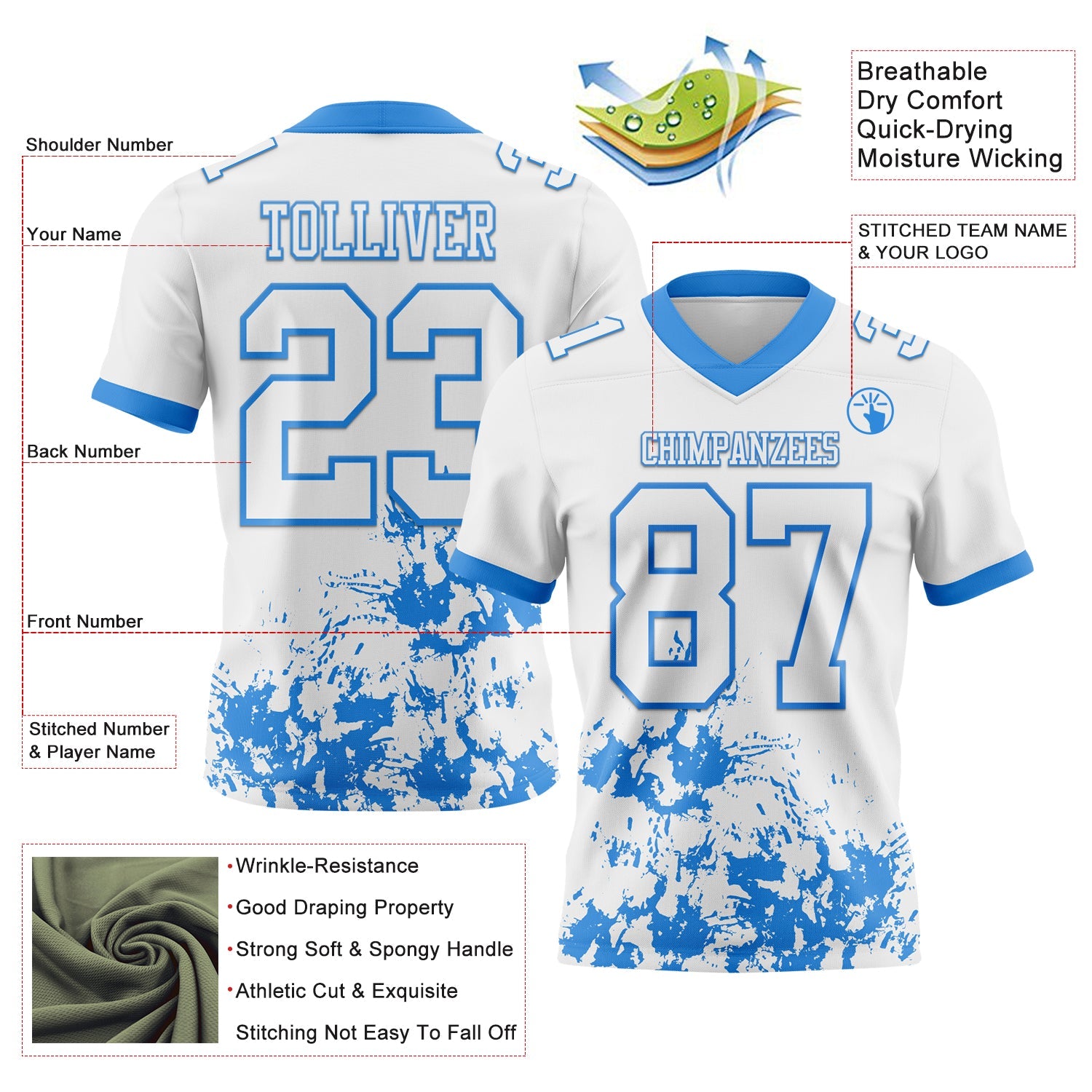 Custom White Powder Blue 3D Pattern Splash Authentic Football Jersey view 2