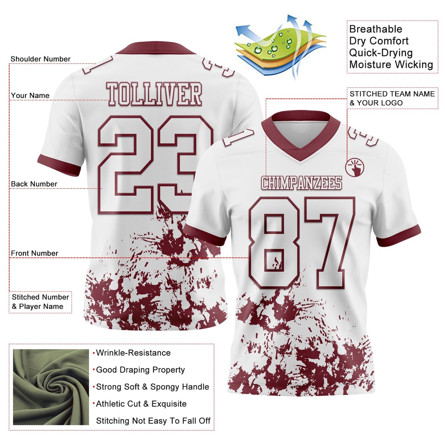 Custom White Burgundy 3D Pattern Splash Authentic Football Jersey view 2
