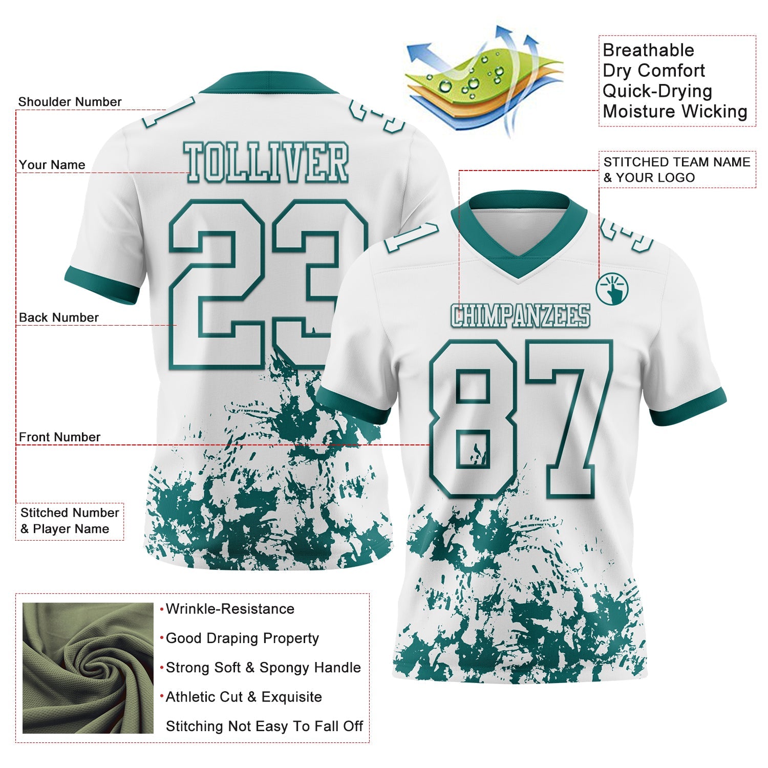 Custom White Teal 3D Pattern Splash Authentic Football Jersey view 2
