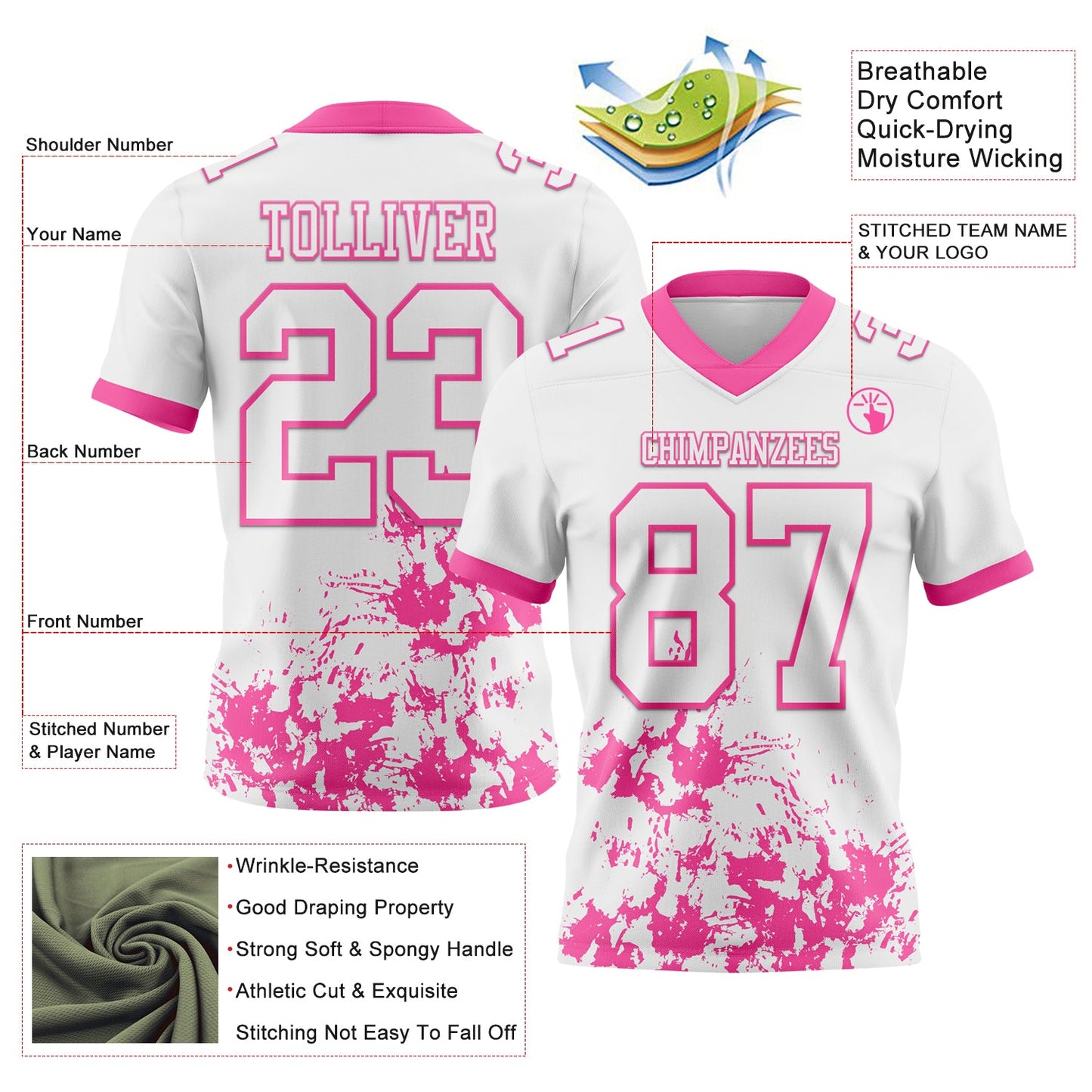 Custom White Pink 3D Pattern Splash Authentic Football Jersey view 2