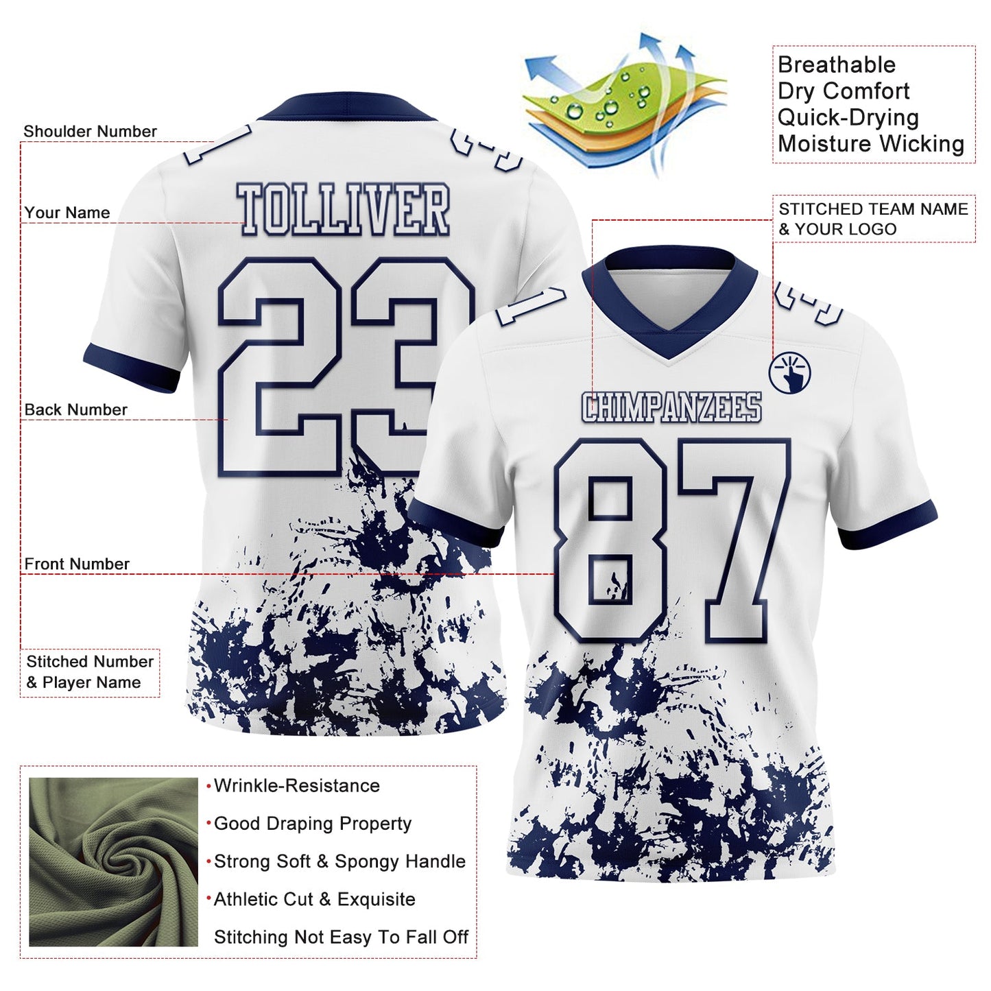 Custom White Navy 3D Pattern Splash Authentic Football Jersey view 2