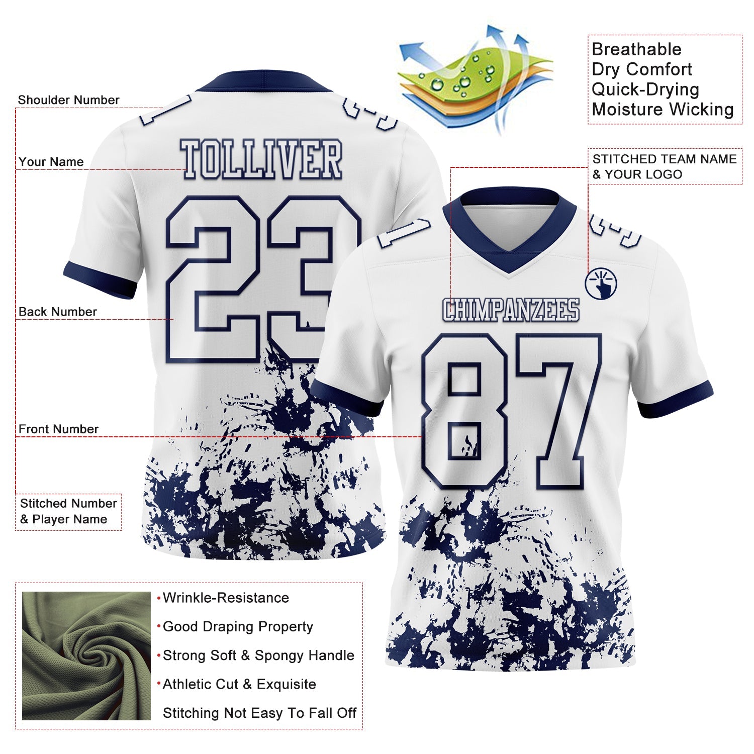 Custom White Navy 3D Pattern Splash Authentic Football Jersey view 2