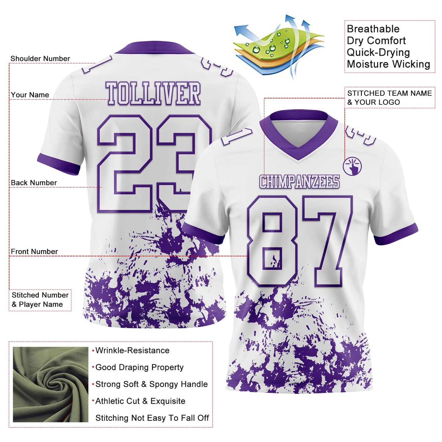 Custom White Purple 3D Pattern Splash Authentic Football Jersey view 2