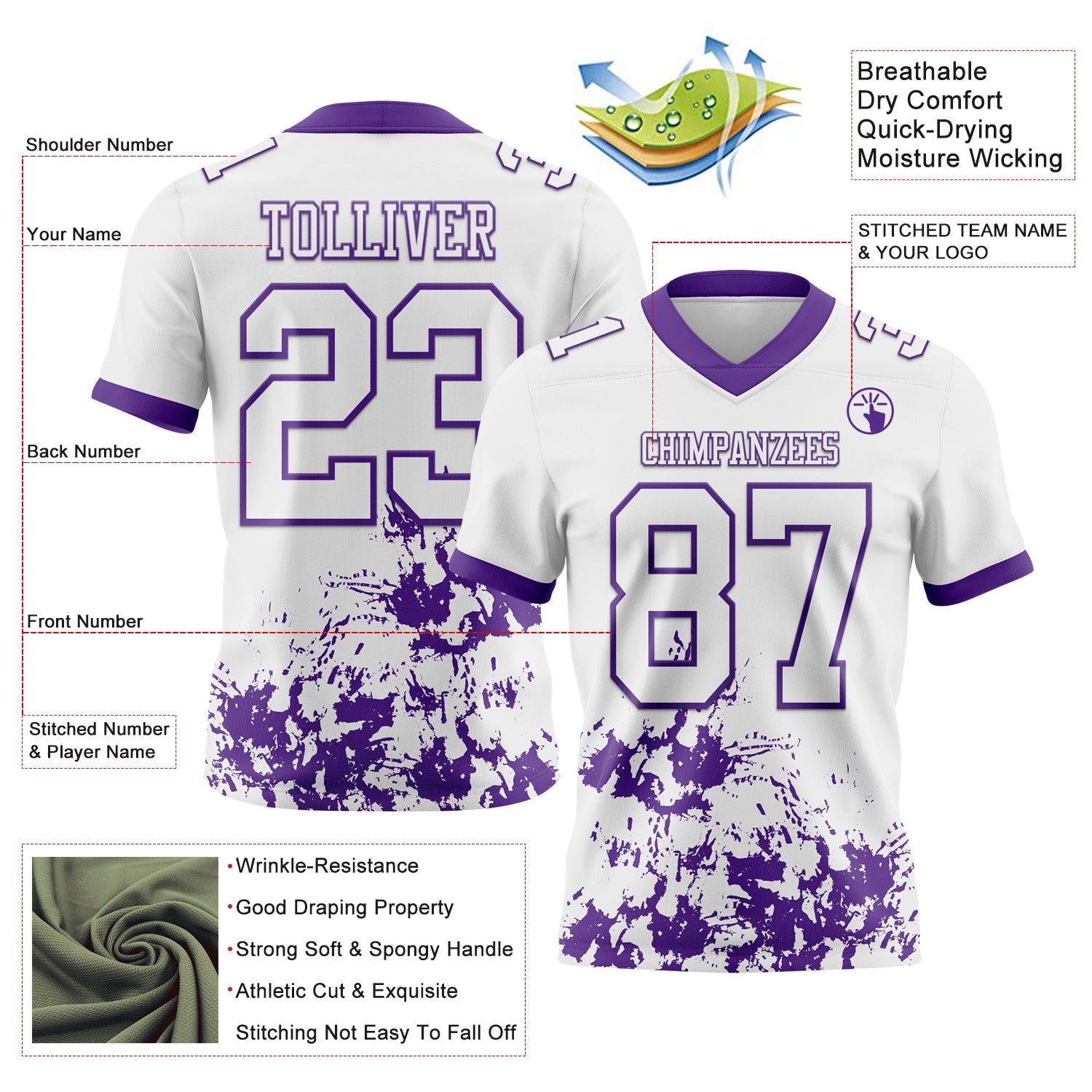 Custom White Purple 3D Pattern Splash Authentic Football Jersey view 2