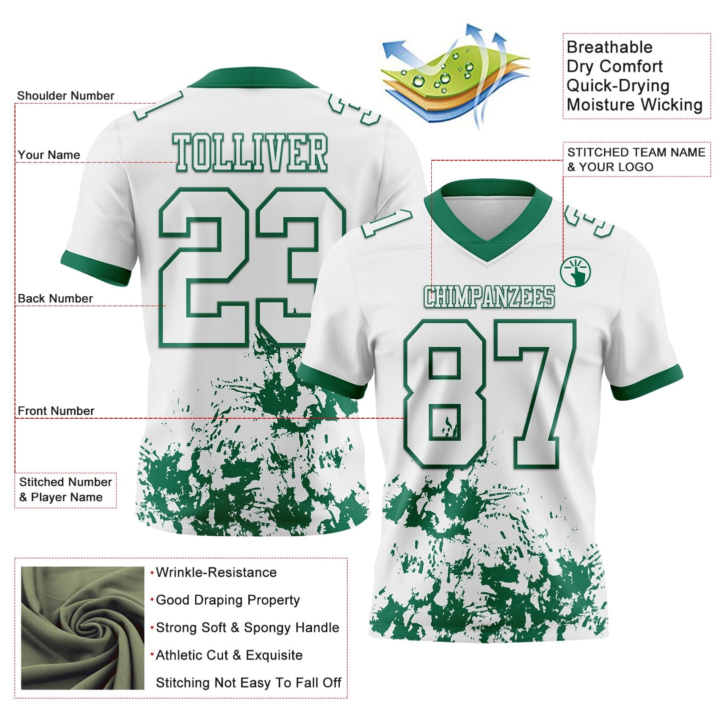Custom White Kelly Green 3D Pattern Splash Authentic Football Jersey view 2