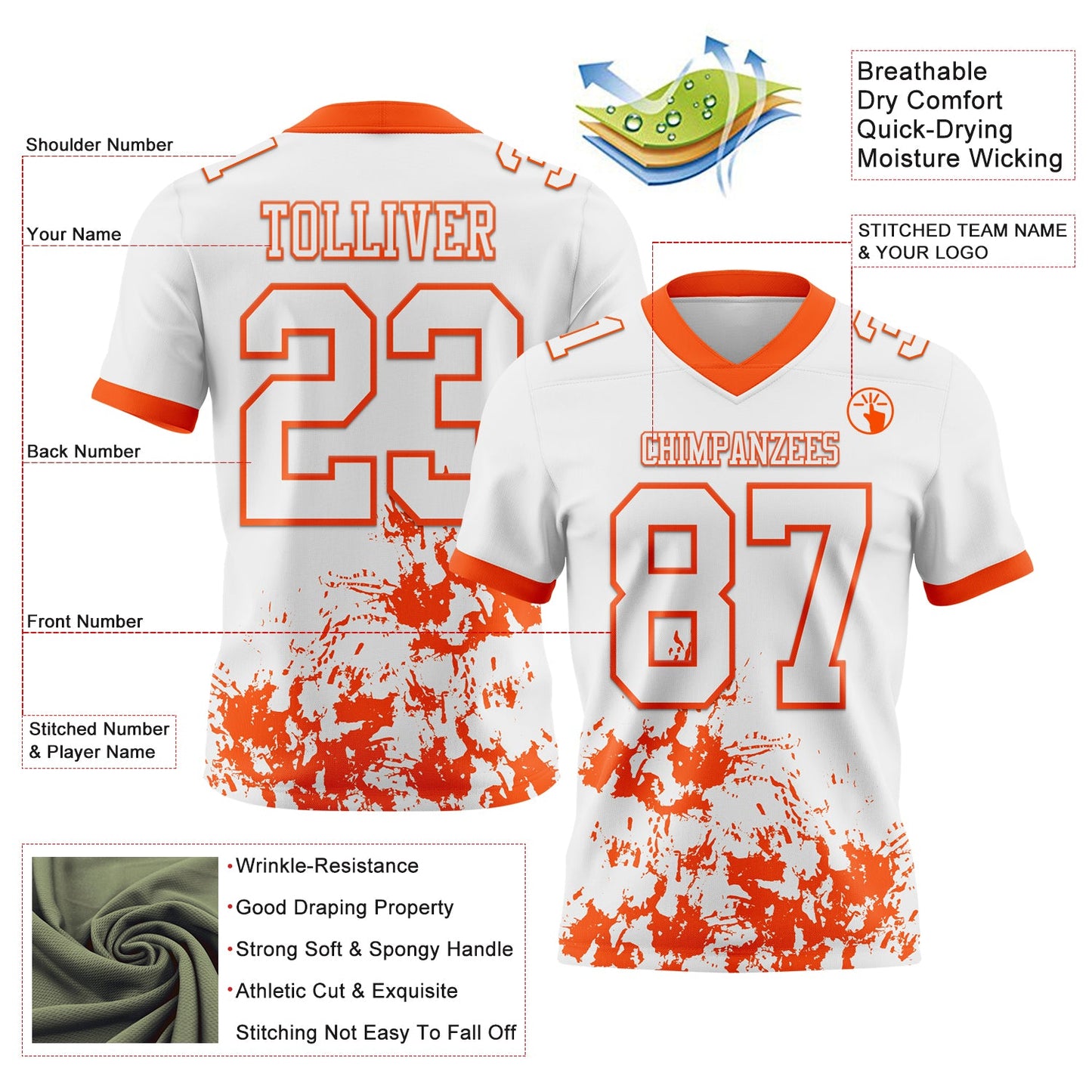 Custom White Orange 3D Pattern Splash Authentic Football Jersey view 2