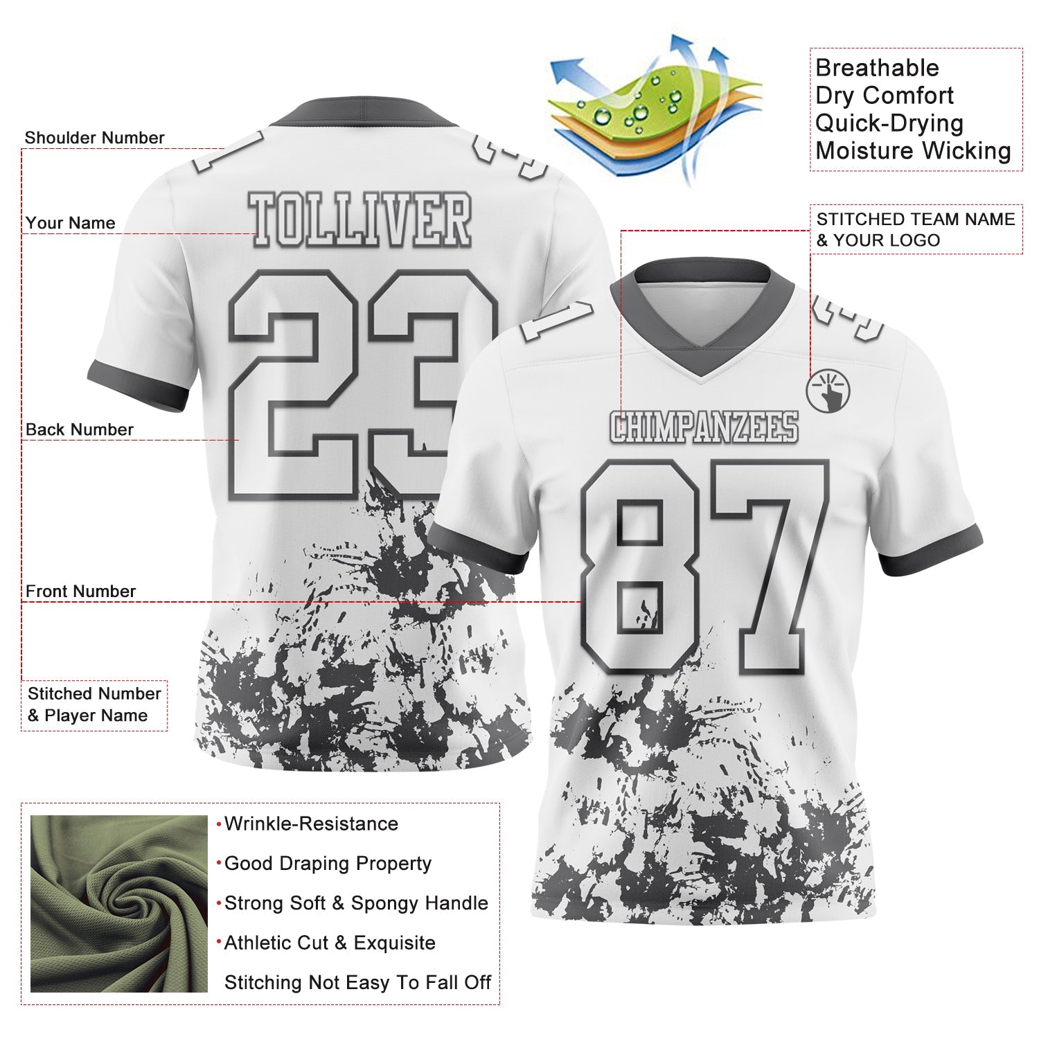 Custom White Steel Gray 3D Pattern Splash Authentic Football Jersey view 2