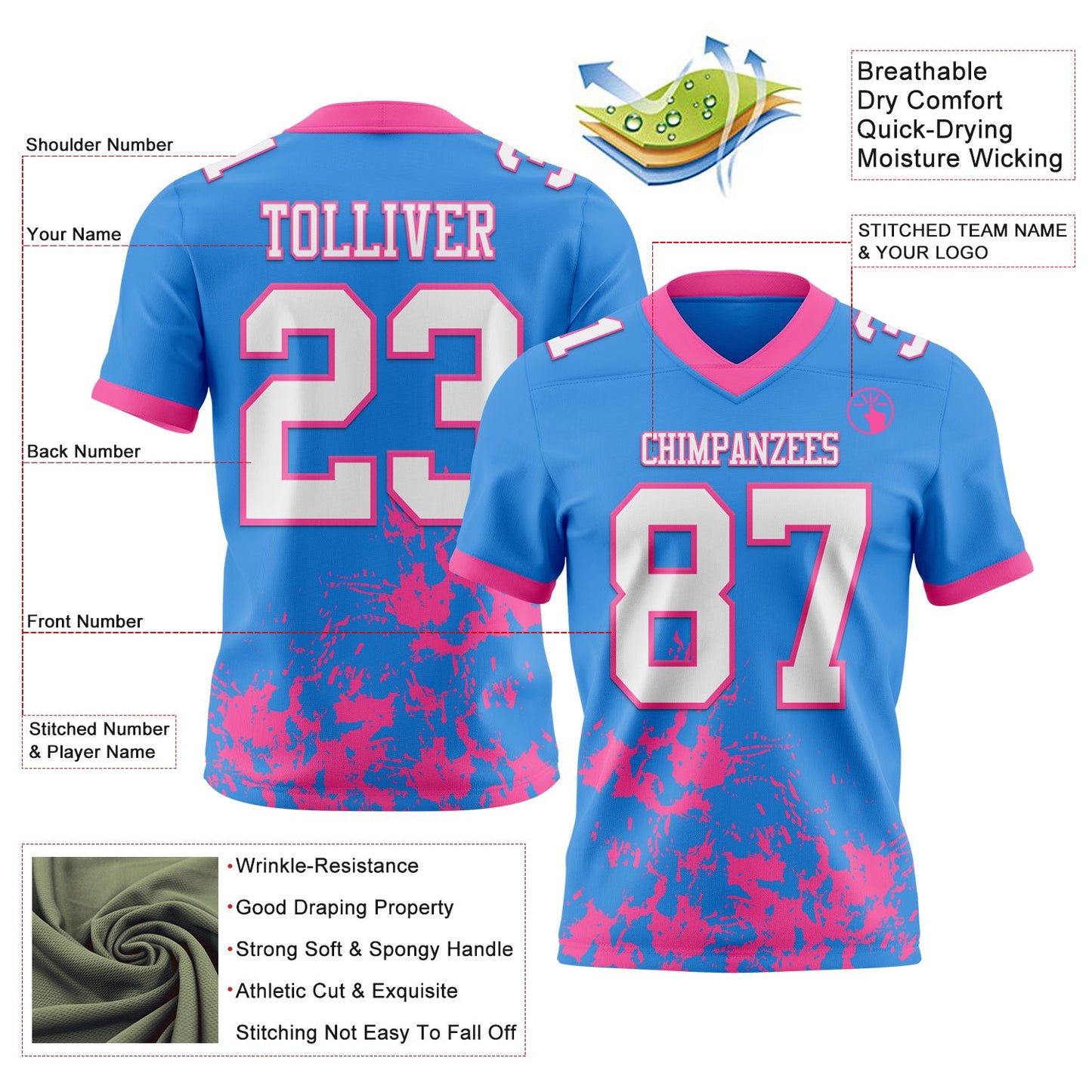 Custom Powder Blue White-Pink 3D Pattern Splash Authentic Football Jersey view 2