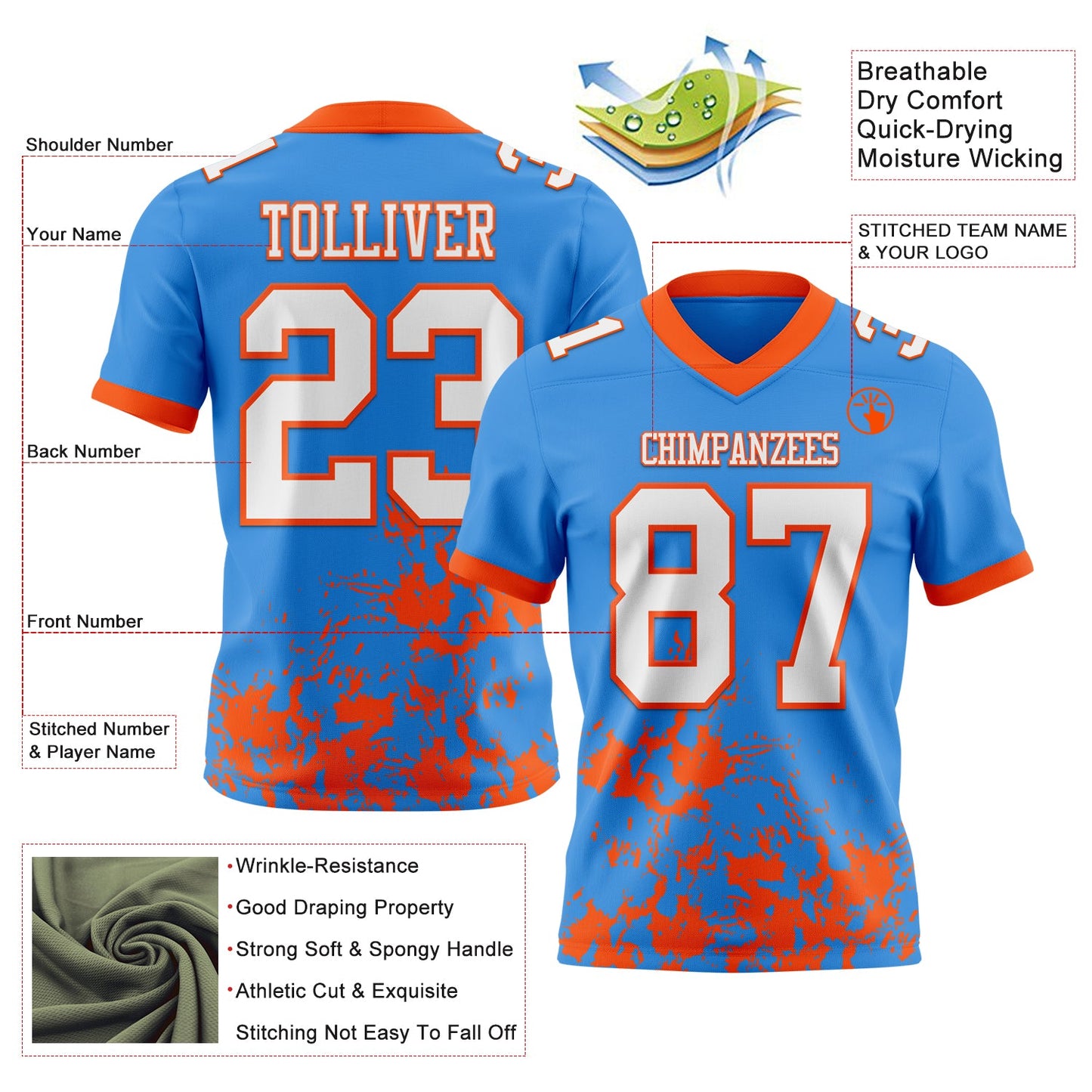 Custom Powder Blue White-Orange 3D Pattern Splash Authentic Football Jersey view 2