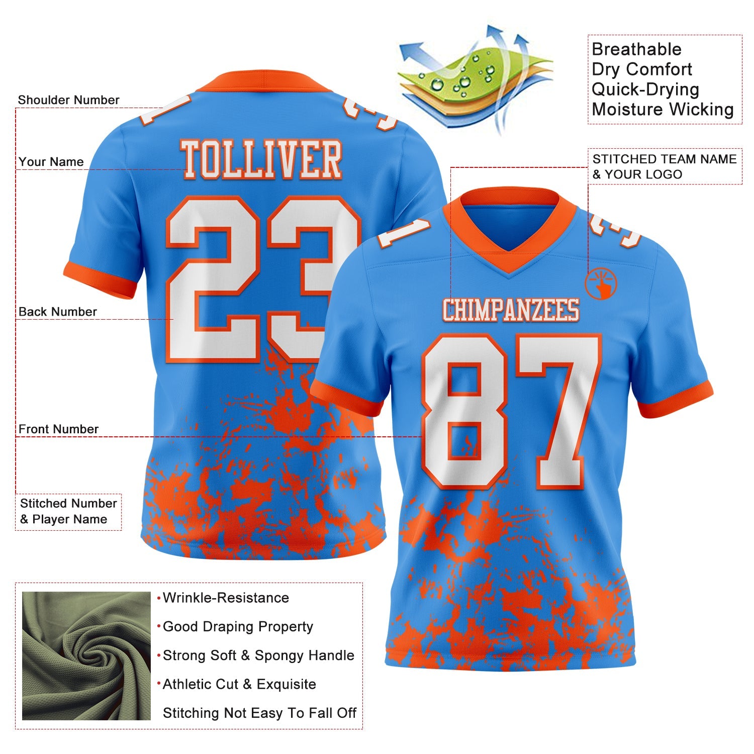 Custom Powder Blue White-Orange 3D Pattern Splash Authentic Football Jersey view 2