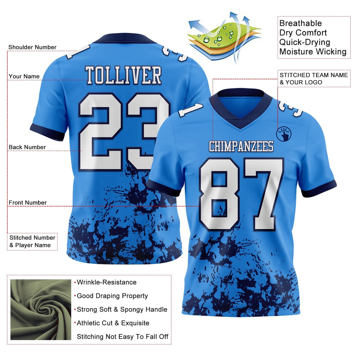 Custom Powder Blue White-Navy 3D Pattern Splash Authentic Football Jersey view 2
