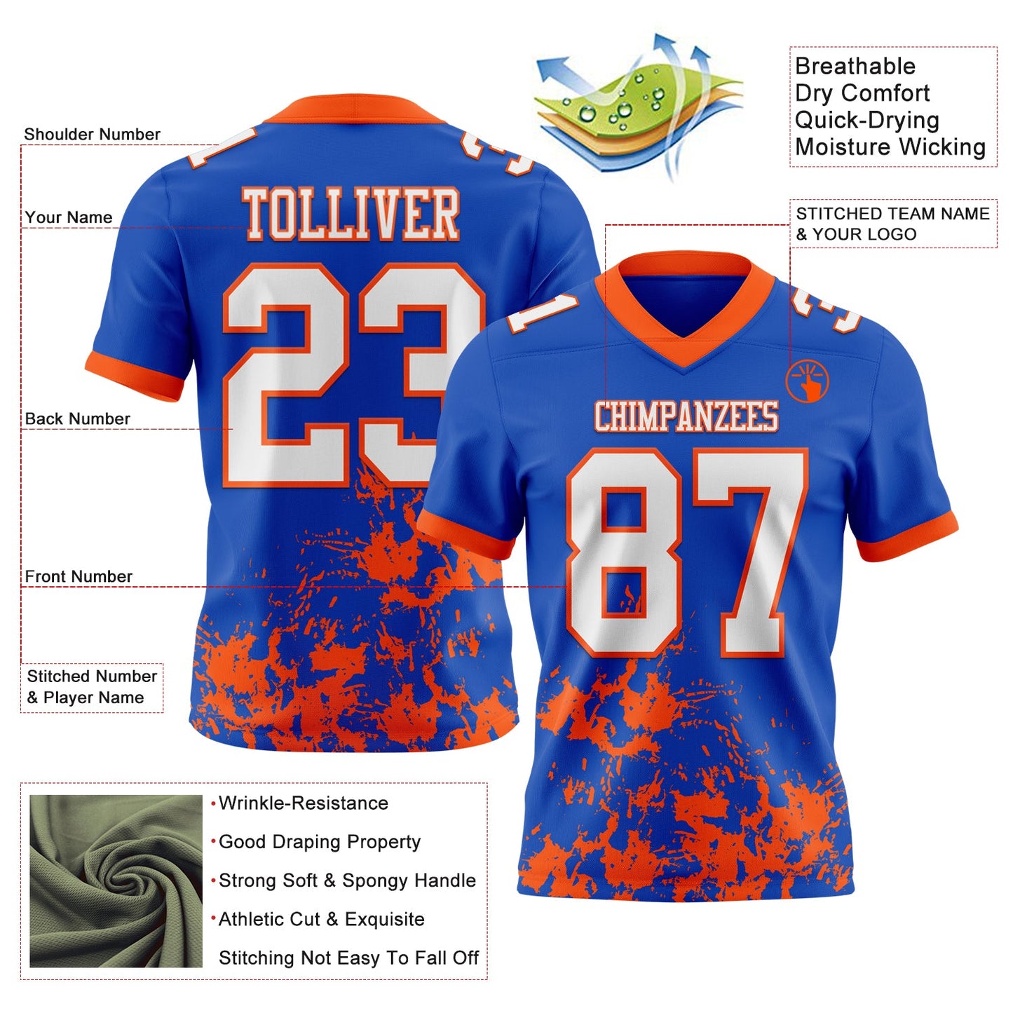 Custom Thunder Blue White-Orange 3D Pattern Splash Authentic Football Jersey view 2