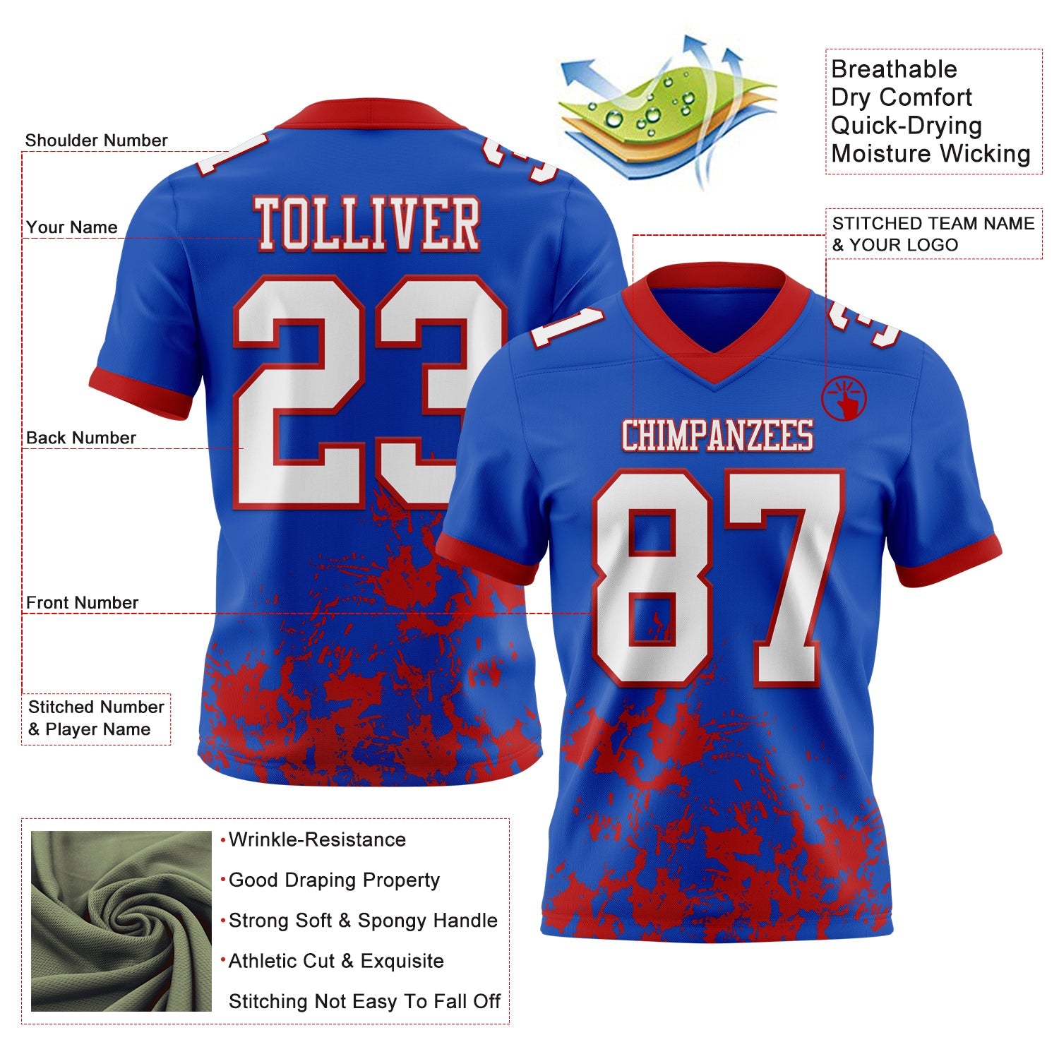 Custom Thunder Blue White-Red 3D Pattern Splash Authentic Football Jersey view 2