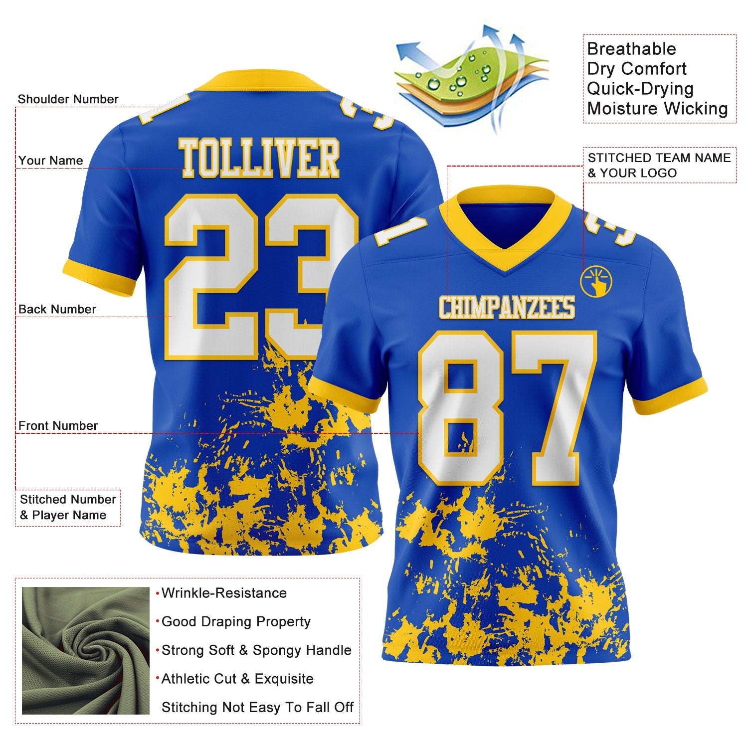 Custom Thunder Blue White-Yellow 3D Pattern Splash Authentic Football Jersey view 2