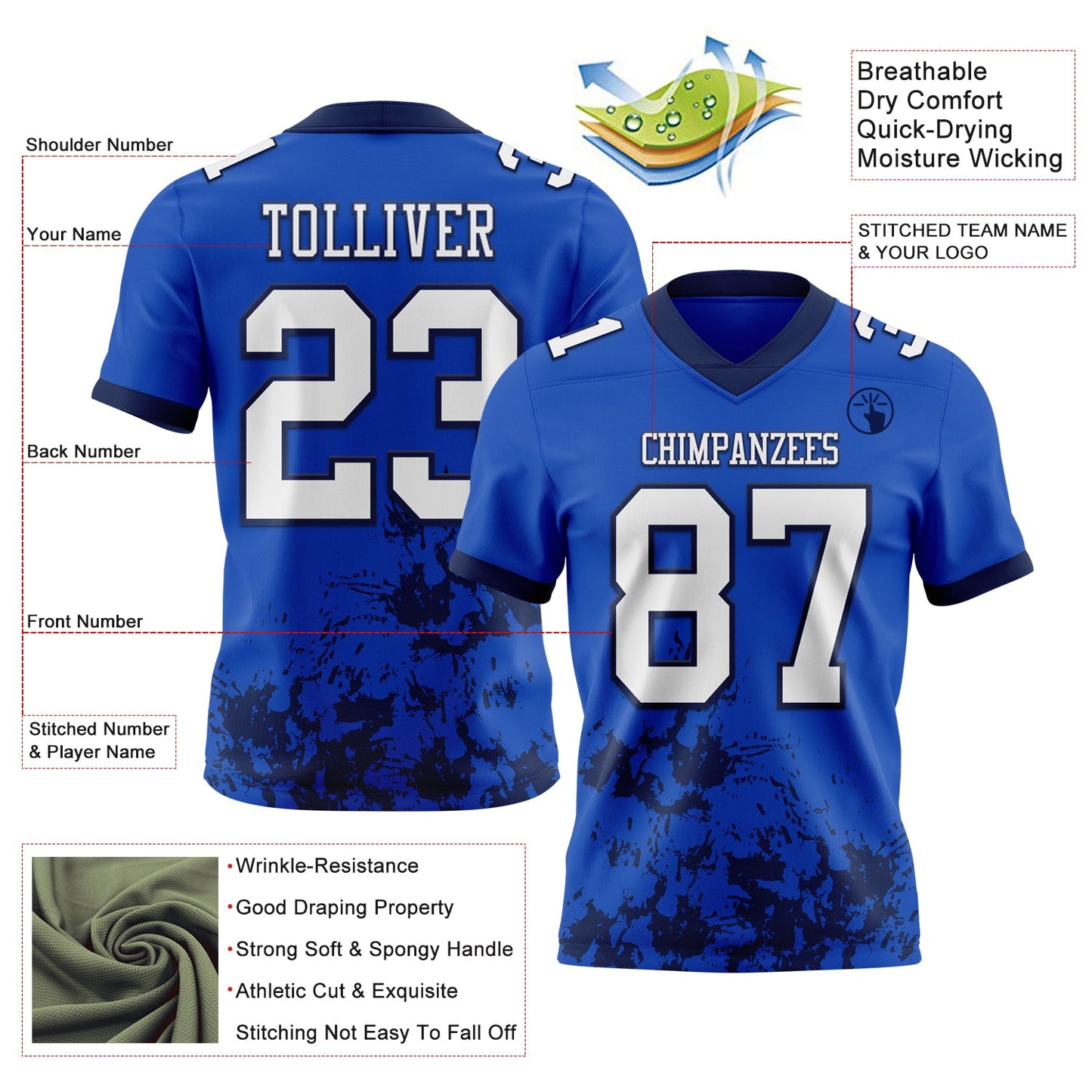 Custom Thunder Blue White-Navy 3D Pattern Splash Authentic Football Jersey view 2