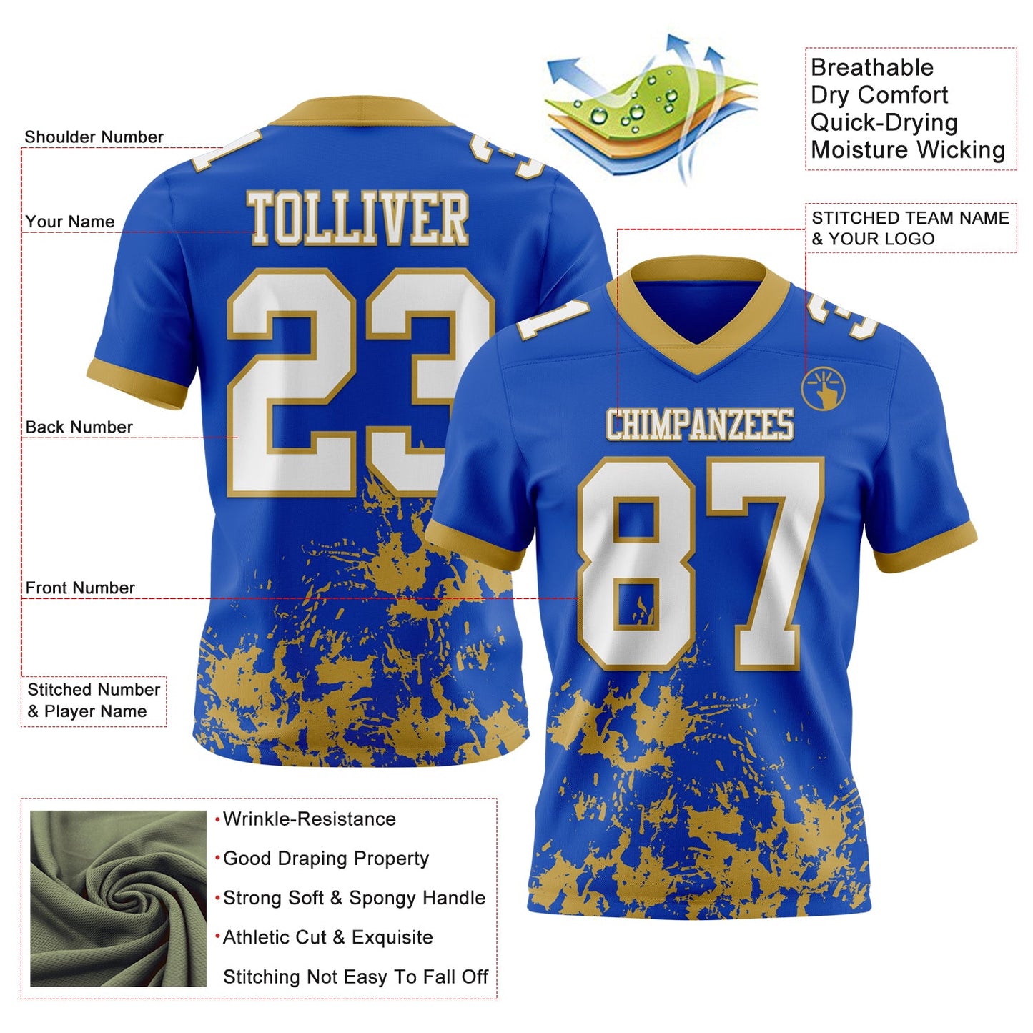Custom Thunder Blue White-Old Gold 3D Pattern Splash Authentic Football Jersey view 2