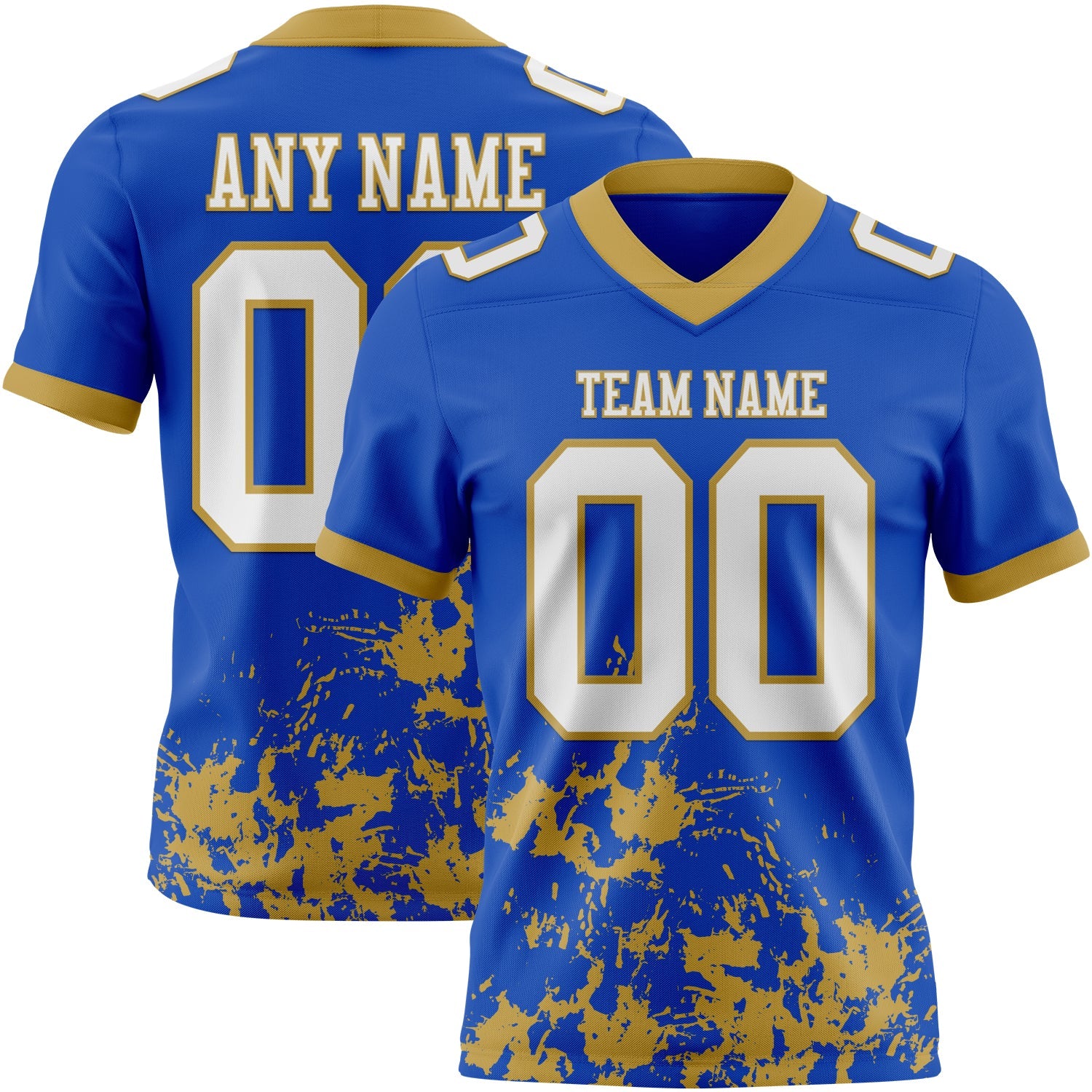 Custom Thunder Blue White-Old Gold 3D Pattern Splash Authentic Football Jersey - Main View