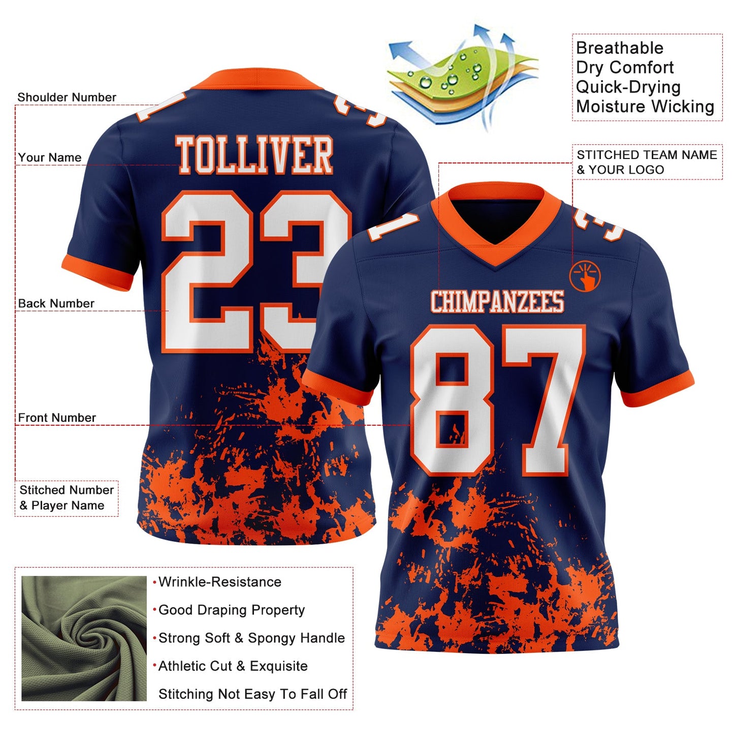 Custom Navy White-Orange 3D Pattern Splash Authentic Football Jersey view 2