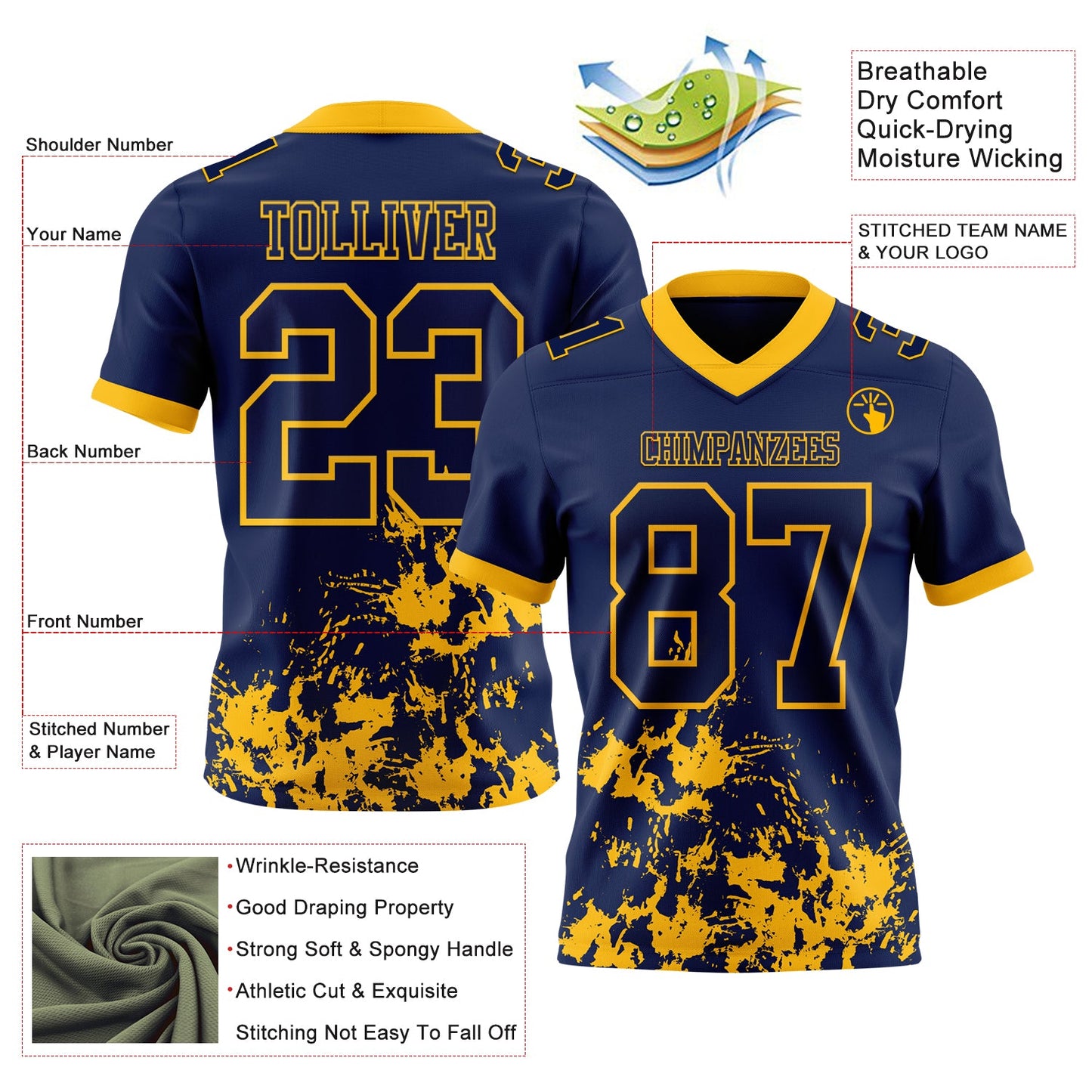 Custom Navy Gold 3D Pattern Splash Authentic Football Jersey view 2