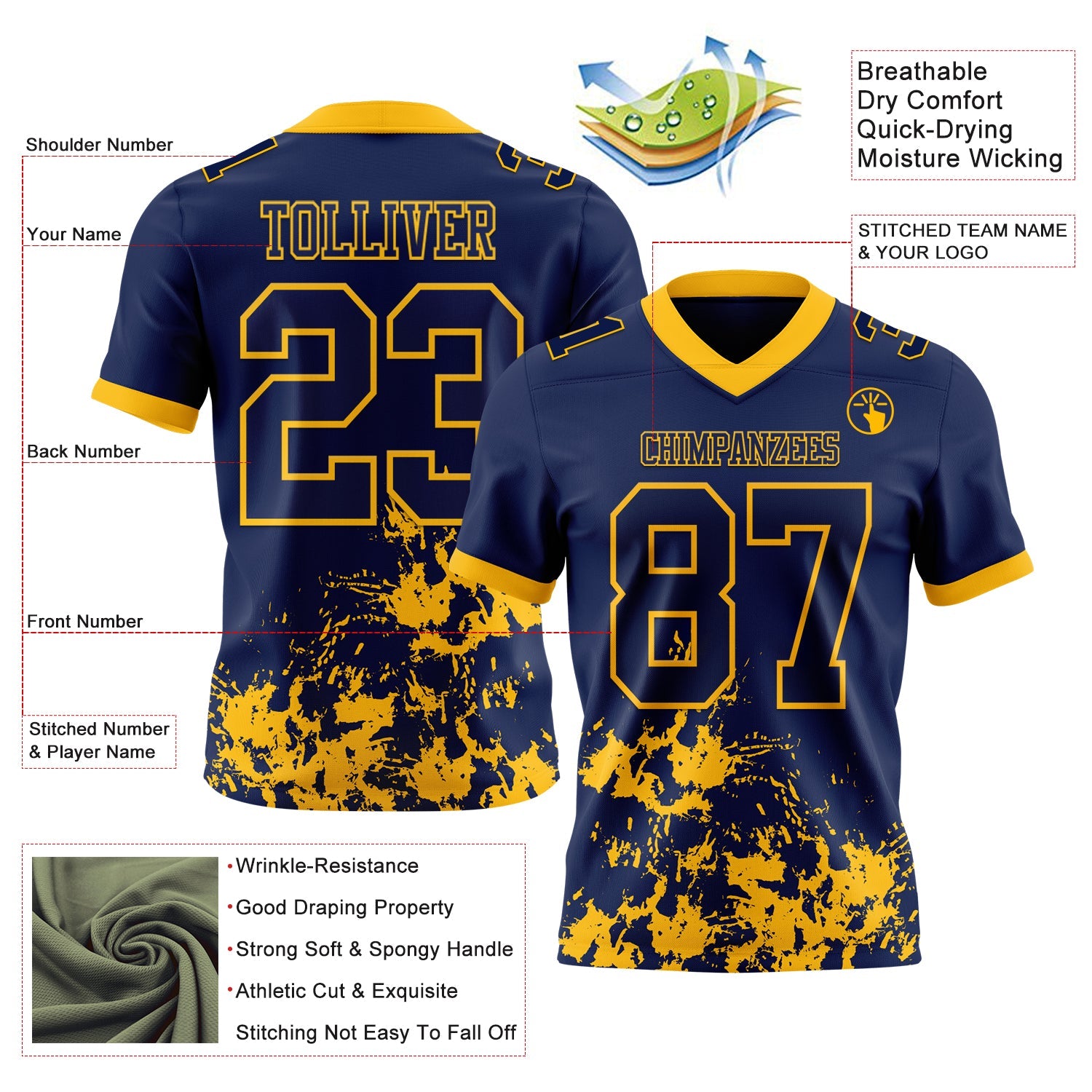 Custom Navy Gold 3D Pattern Splash Authentic Football Jersey view 2