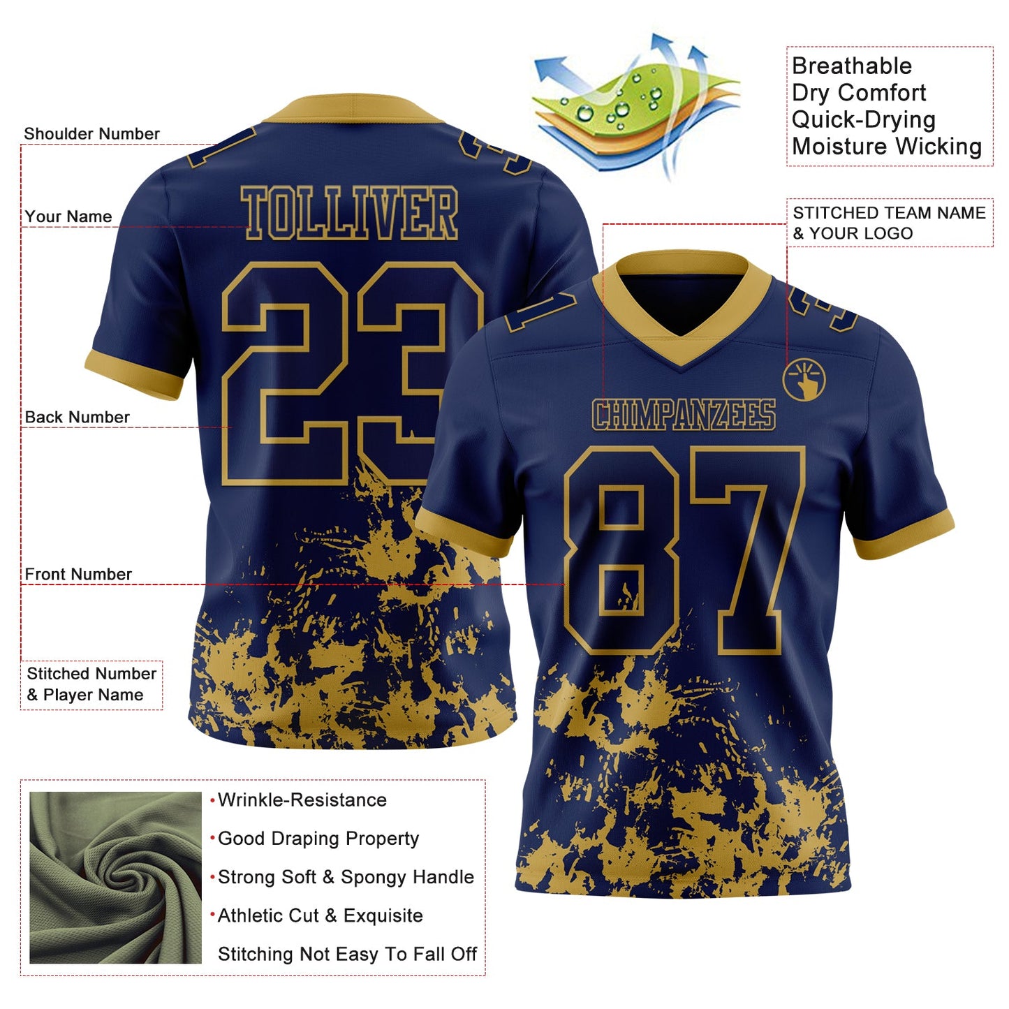 Custom Navy Old Gold 3D Pattern Splash Authentic Football Jersey view 2
