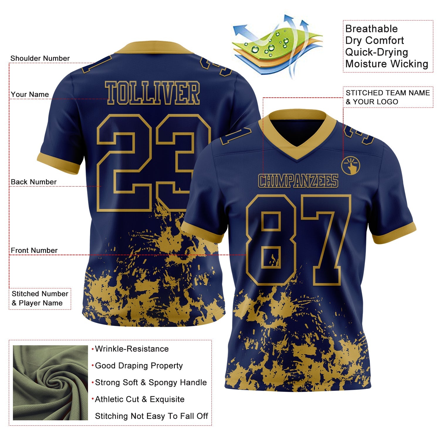 Custom Navy Old Gold 3D Pattern Splash Authentic Football Jersey view 2