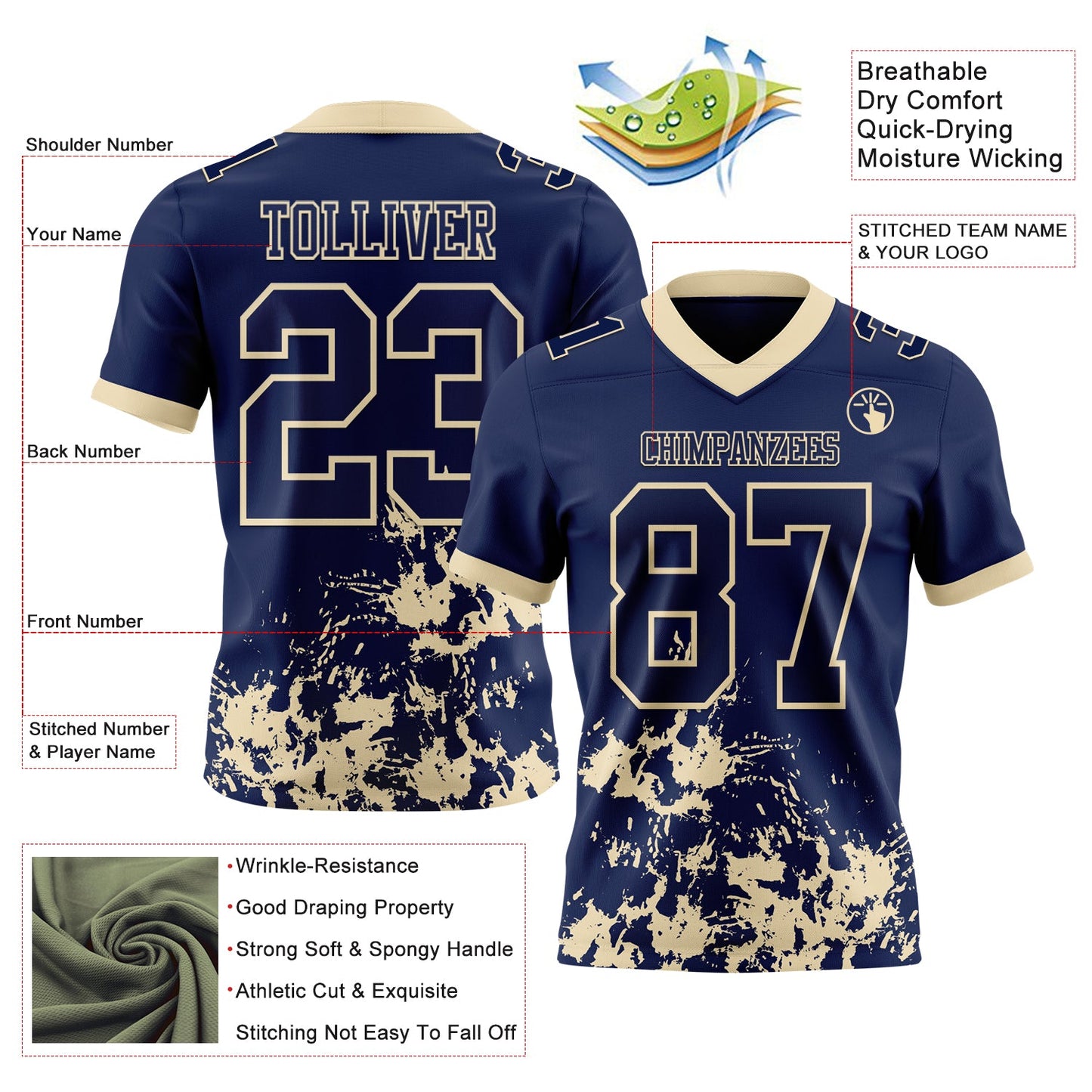 Custom Navy Cream 3D Pattern Splash Authentic Football Jersey view 2
