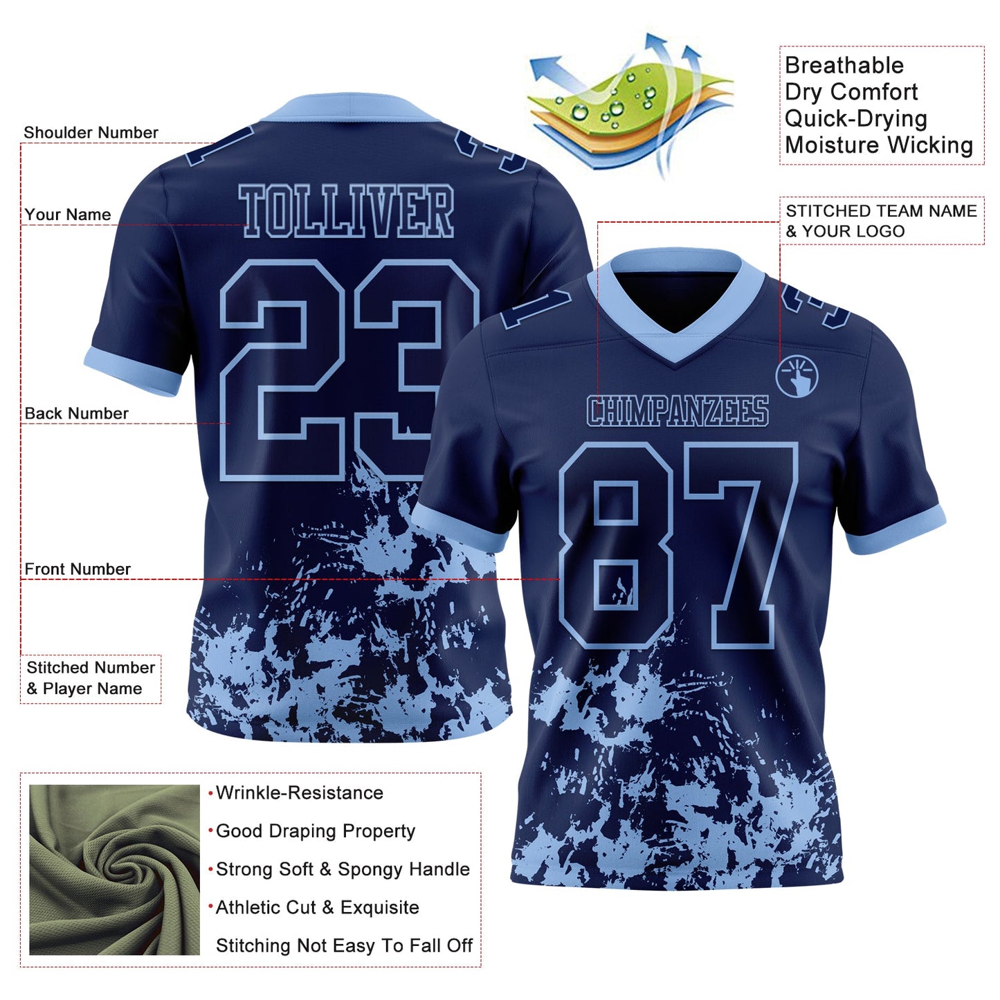 Custom Navy Light Blue 3D Pattern Splash Authentic Football Jersey view 2