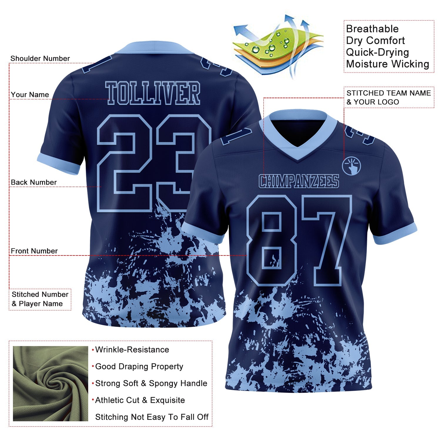 Custom Navy Light Blue 3D Pattern Splash Authentic Football Jersey view 2