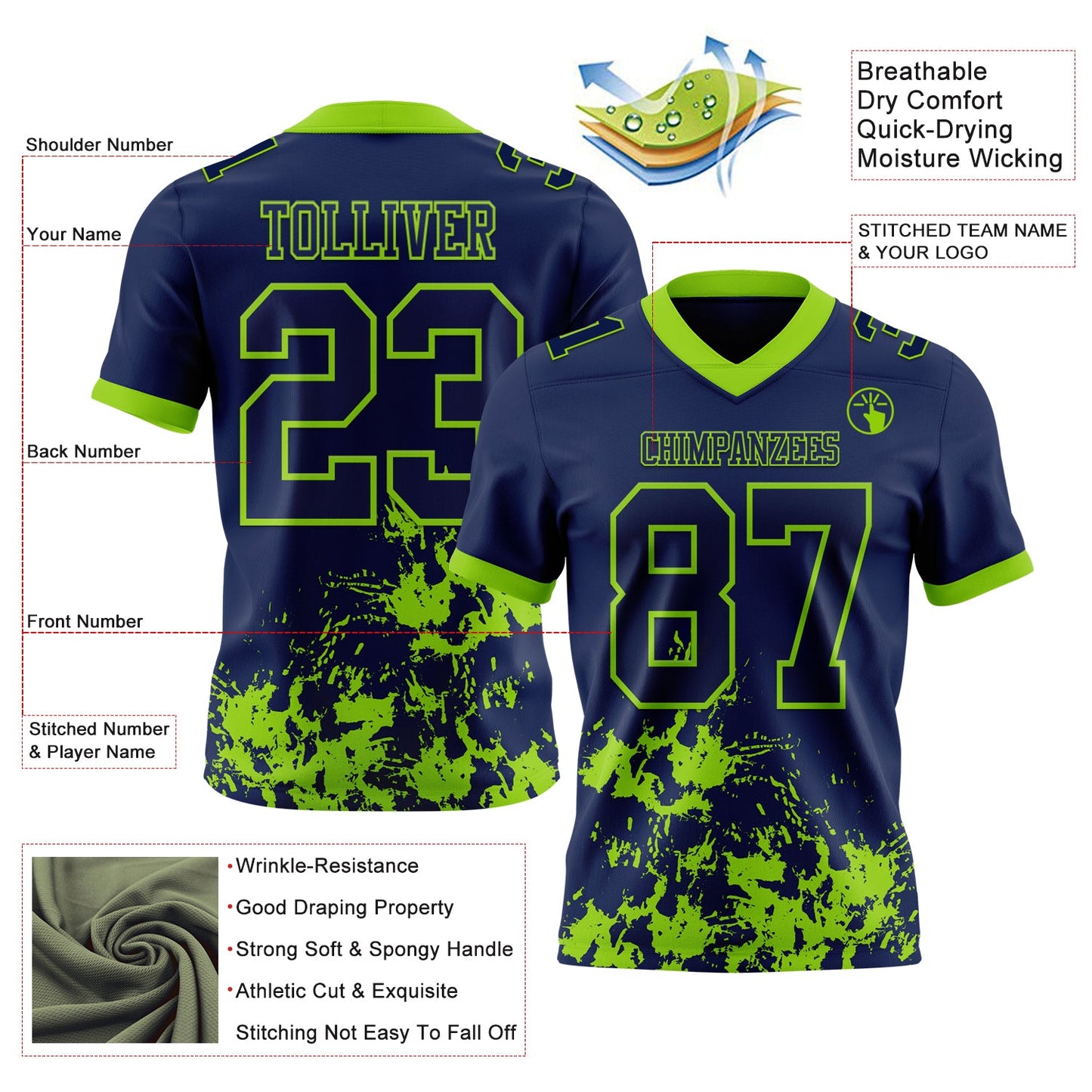 Custom Navy Neon Green 3D Pattern Splash Authentic Football Jersey view 2