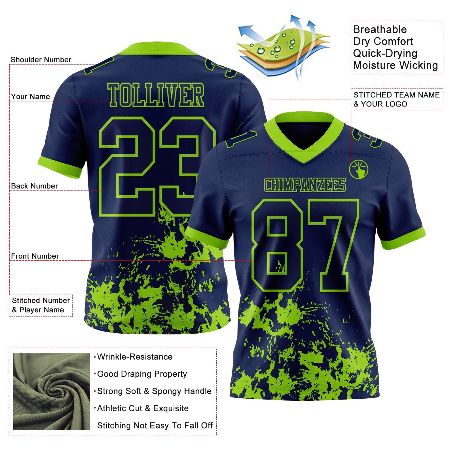 Custom Navy Neon Green 3D Pattern Splash Authentic Football Jersey view 2