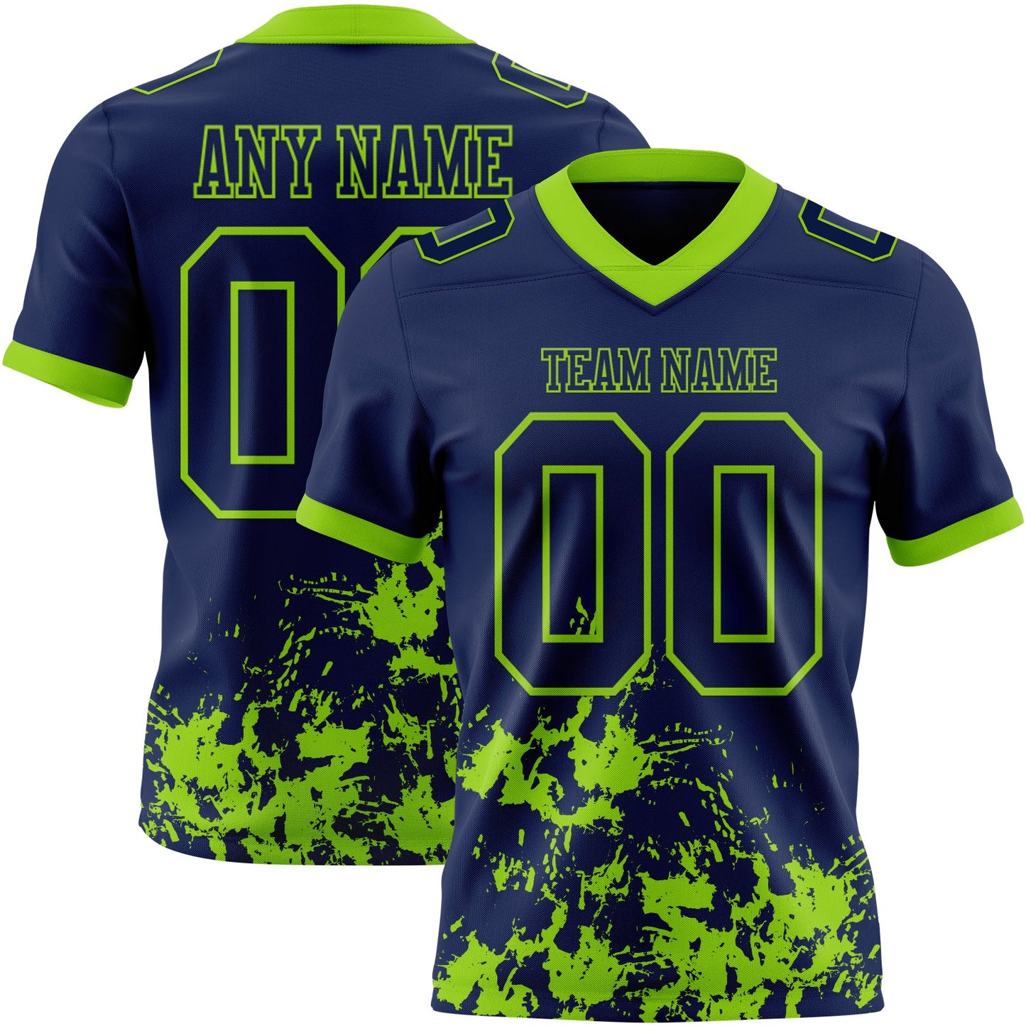 Custom Navy Neon Green 3D Pattern Splash Authentic Football Jersey - Main View