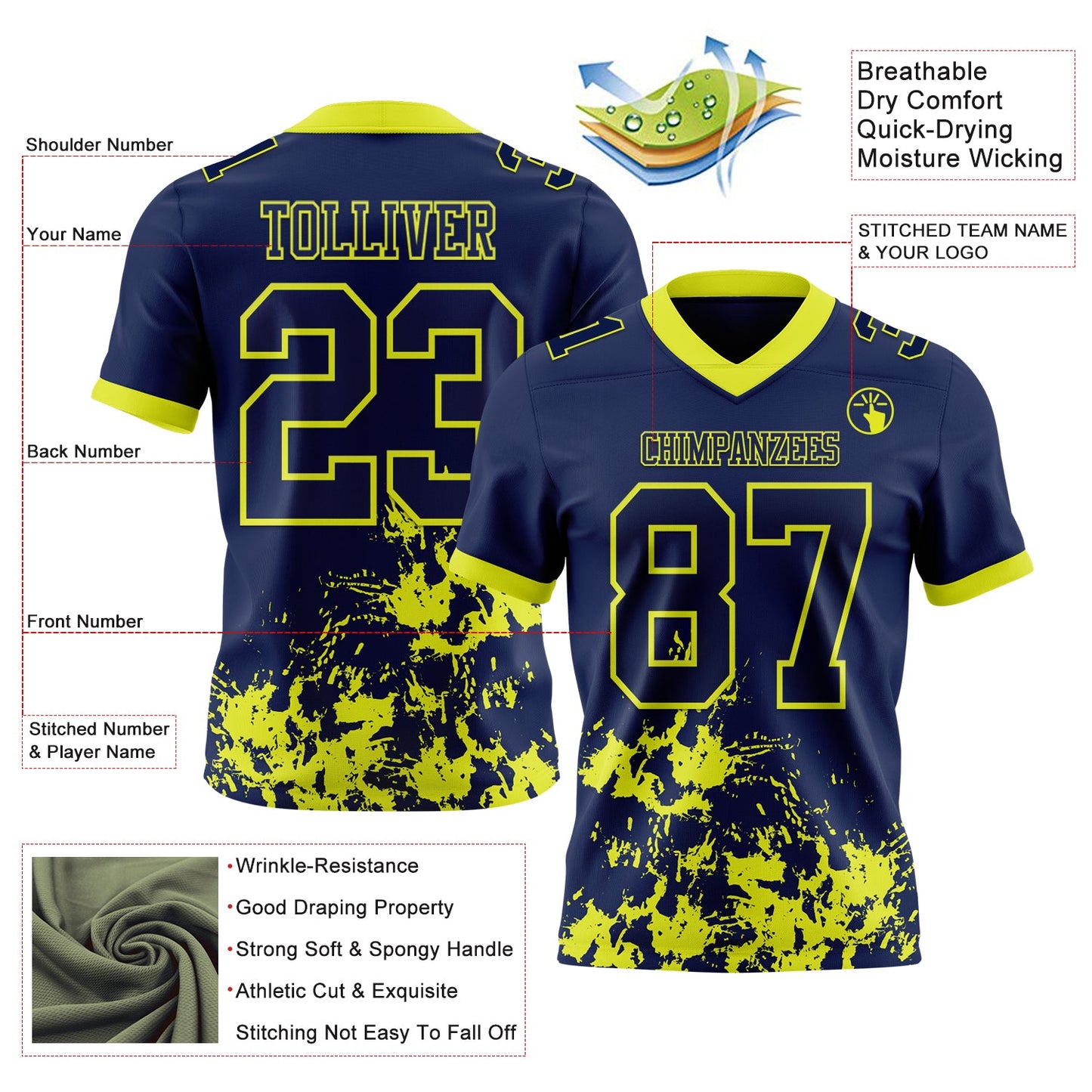 Custom Navy Neon Yellow 3D Pattern Splash Authentic Football Jersey view 2