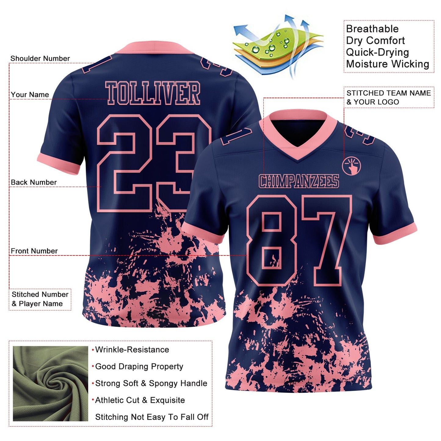 Custom Navy Medium Pink 3D Pattern Splash Authentic Football Jersey view 2