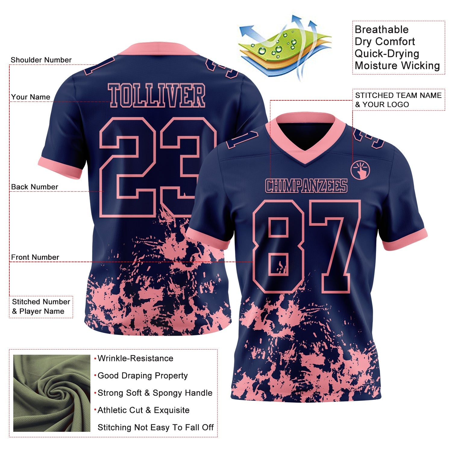 Custom Navy Medium Pink 3D Pattern Splash Authentic Football Jersey view 2