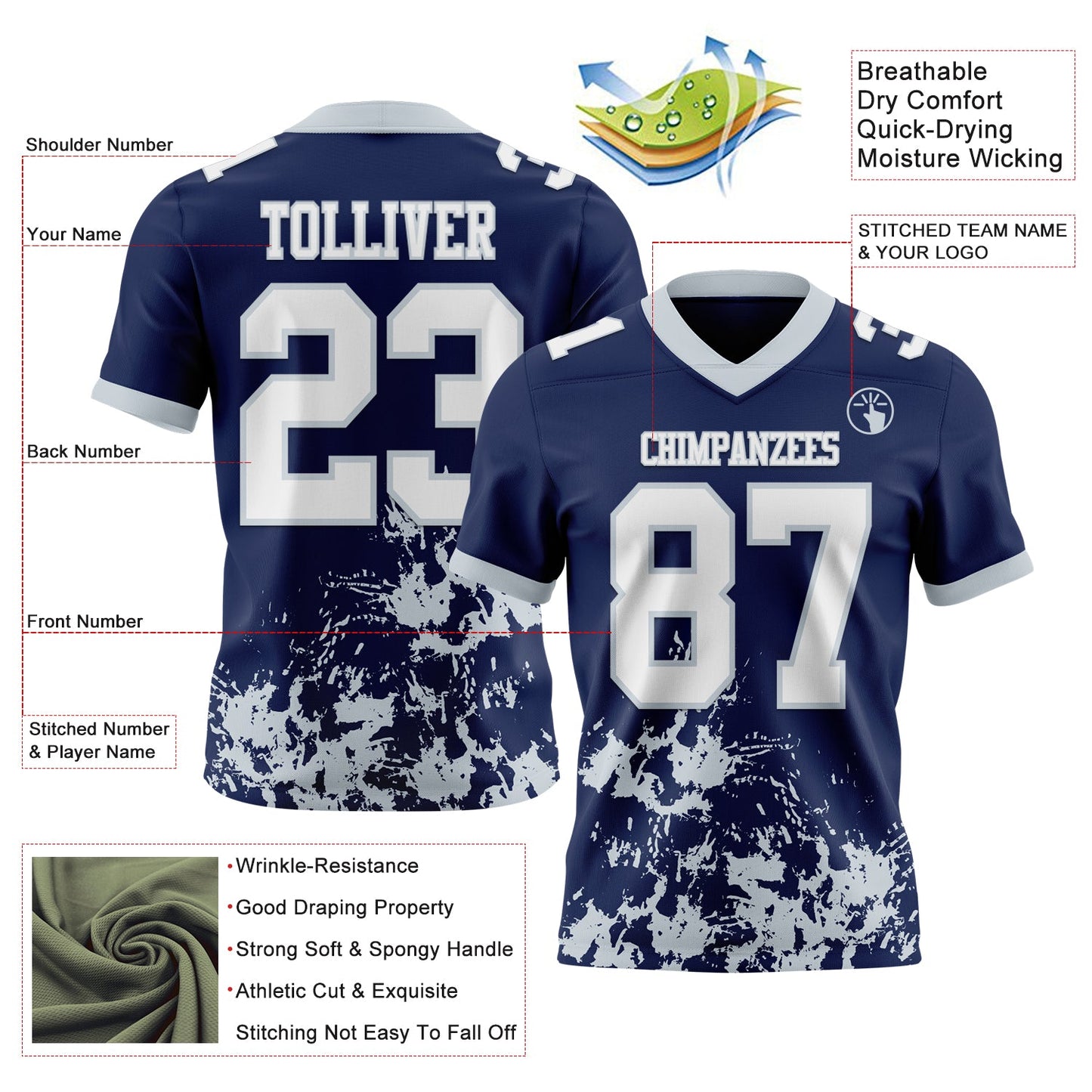 Custom Navy White-Silver 3D Pattern Splash Authentic Football Jersey view 2