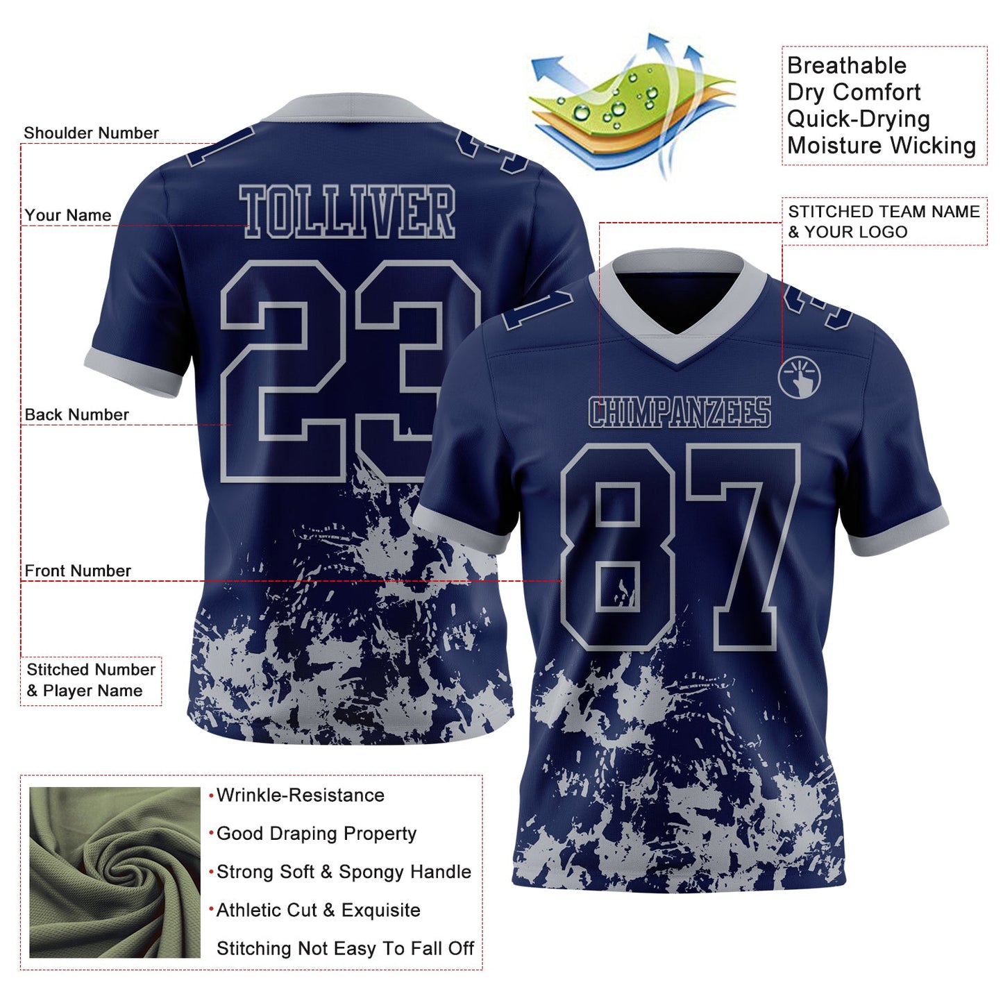 Custom Navy Gray 3D Pattern Splash Authentic Football Jersey view 2
