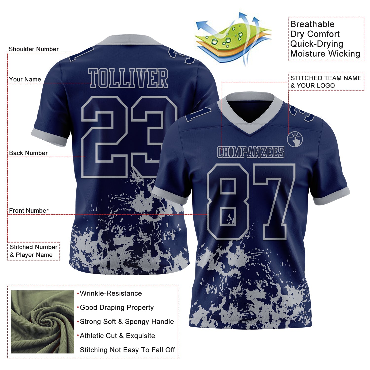 Custom Navy Gray 3D Pattern Splash Authentic Football Jersey view 2