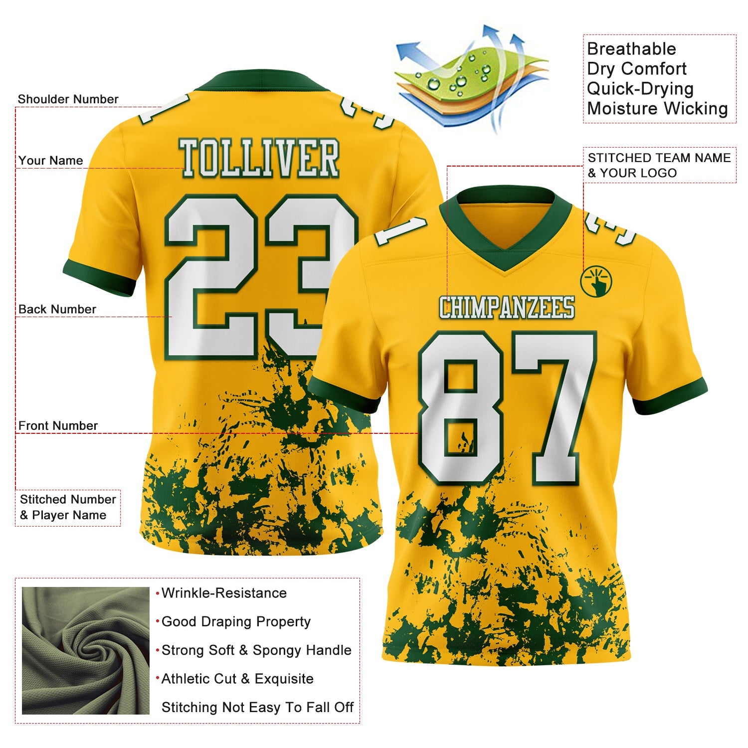 Custom Gold White-Green 3D Pattern Splash Authentic Football Jersey view 2